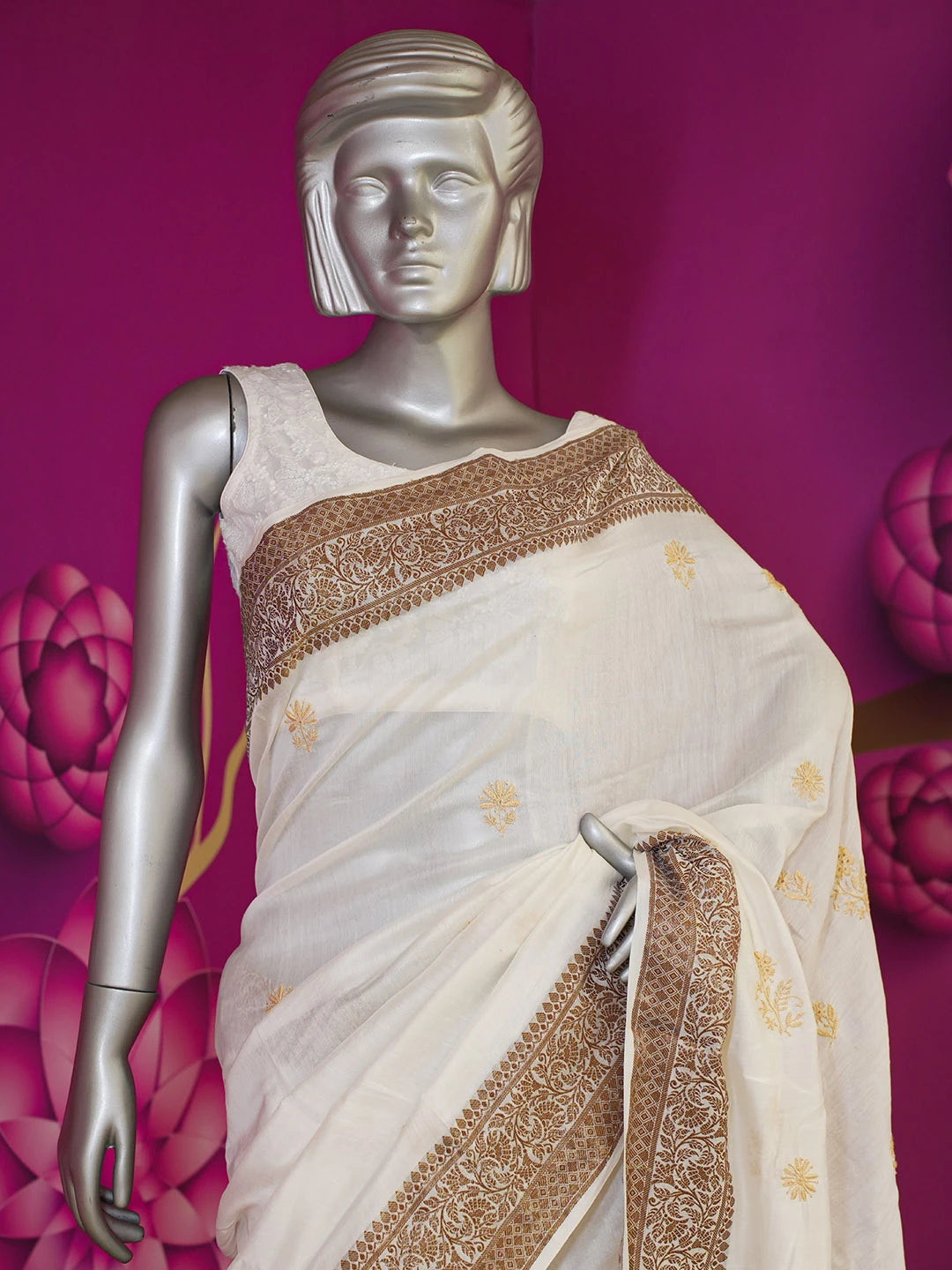 Ada Hand Embroidered Cream Chanderi Lucknowi Chikankari Saree With Blouse 01A592362