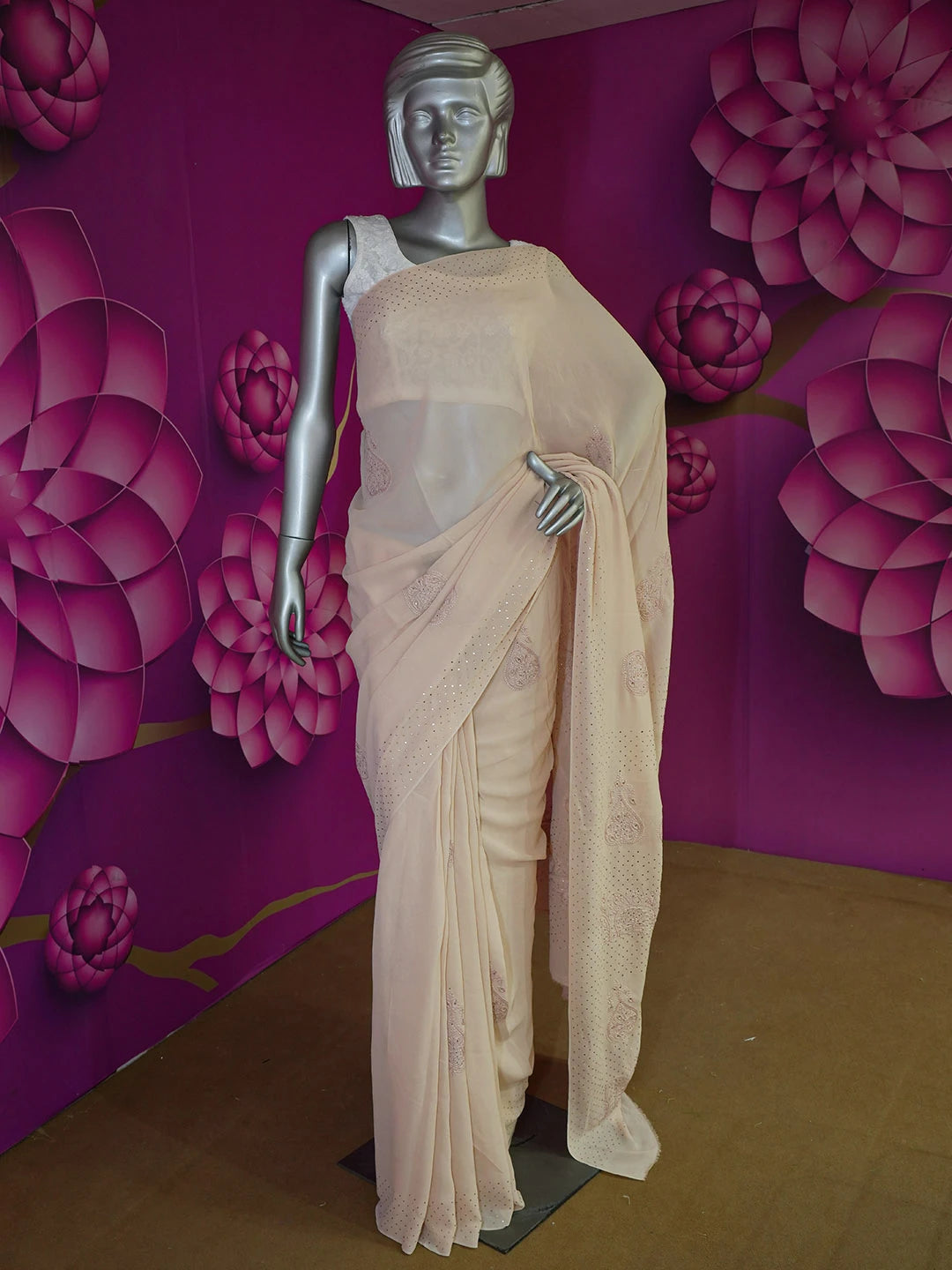 Ada Hand Embroidered Fawn Pure Georgette Lucknowi Chikankari Saree With Blouse With Muqaish Work 01A572477