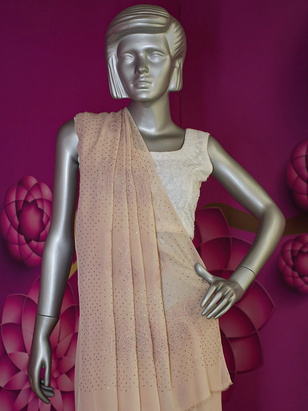 Ada Hand Embroidered Fawn Pure Georgette Lucknowi Chikankari Saree With Blouse With Muqaish Work 01A572477