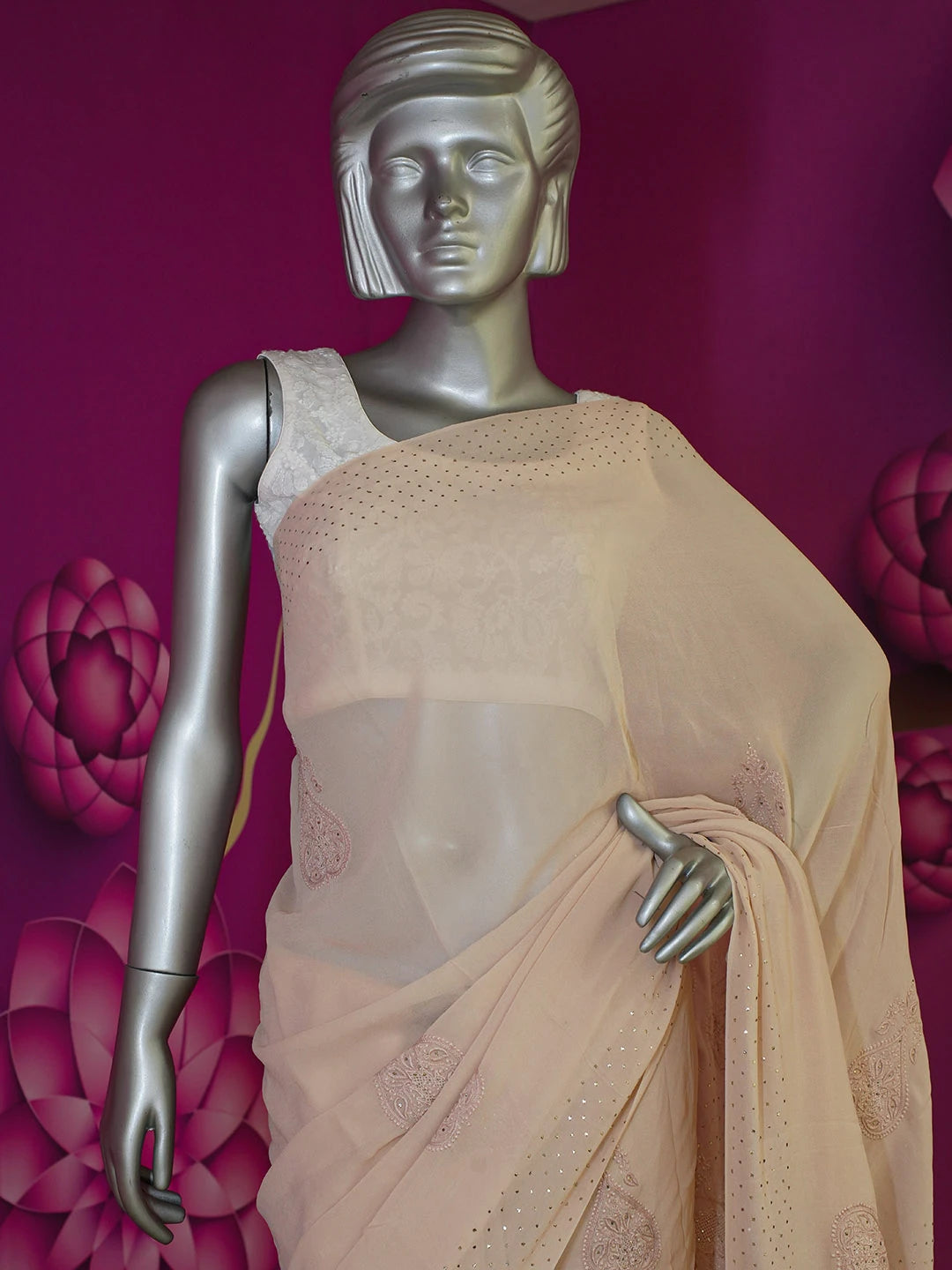 Ada Hand Embroidered Fawn Pure Georgette Lucknowi Chikankari Saree With Blouse With Muqaish Work 01A572477