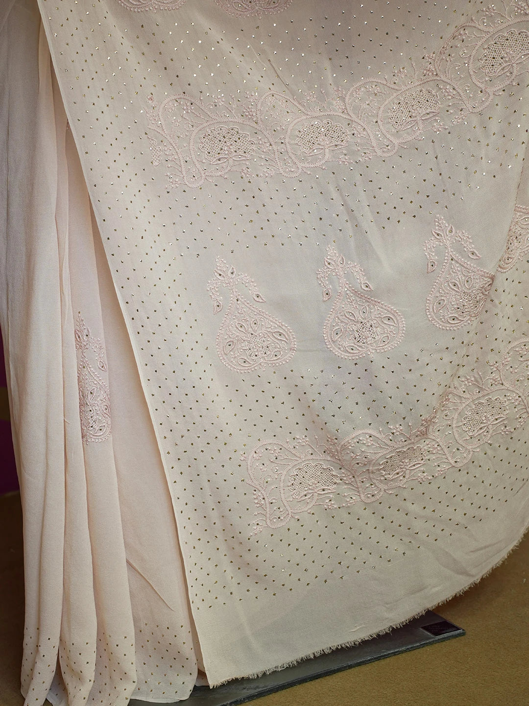 Ada Hand Embroidered Fawn Pure Georgette Lucknowi Chikankari Saree With Blouse With Muqaish Work 01A572477