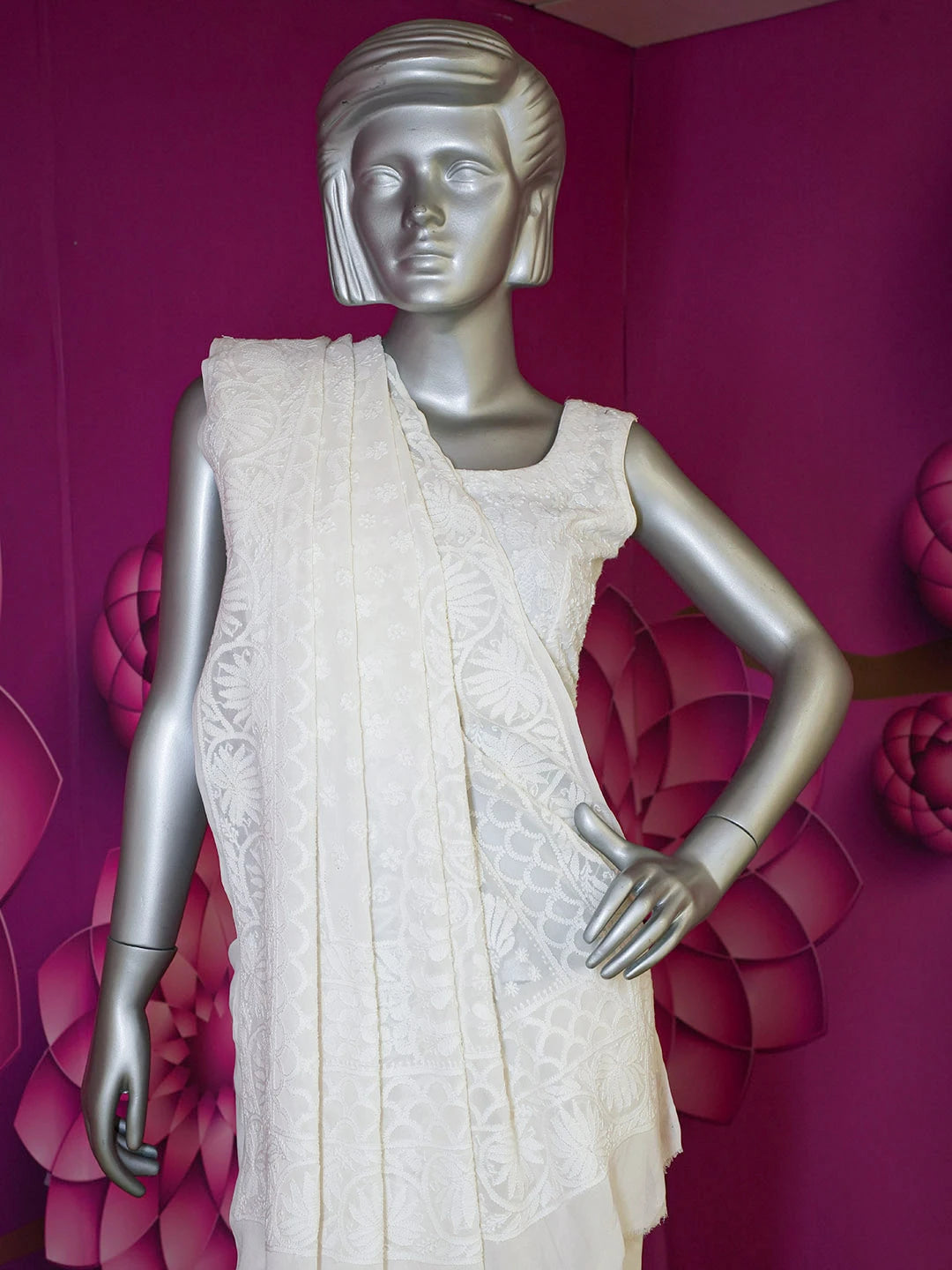 Ada Hand Embroidered White Pure Georgette Lucknowi Chikankari Saree with Blouse 01A311732