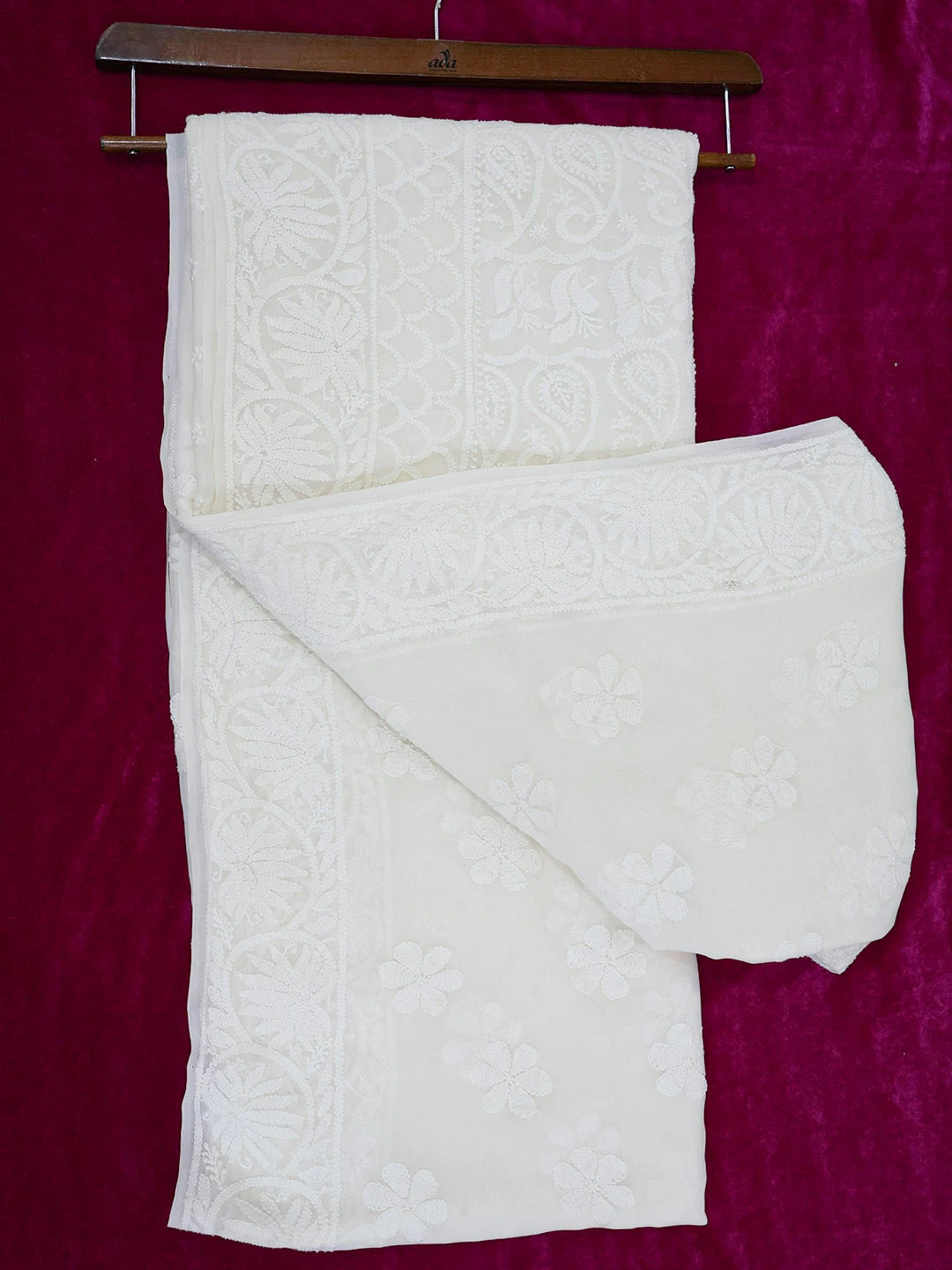 Ada Hand Embroidered White Pure Georgette Lucknowi Chikankari Saree with Blouse 01A311732