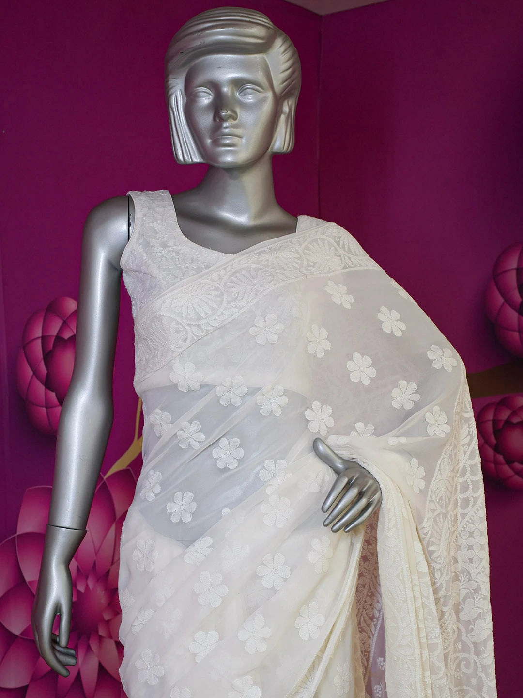 Ada Hand Embroidered White Pure Georgette Lucknowi Chikankari Saree with Blouse 01A311732