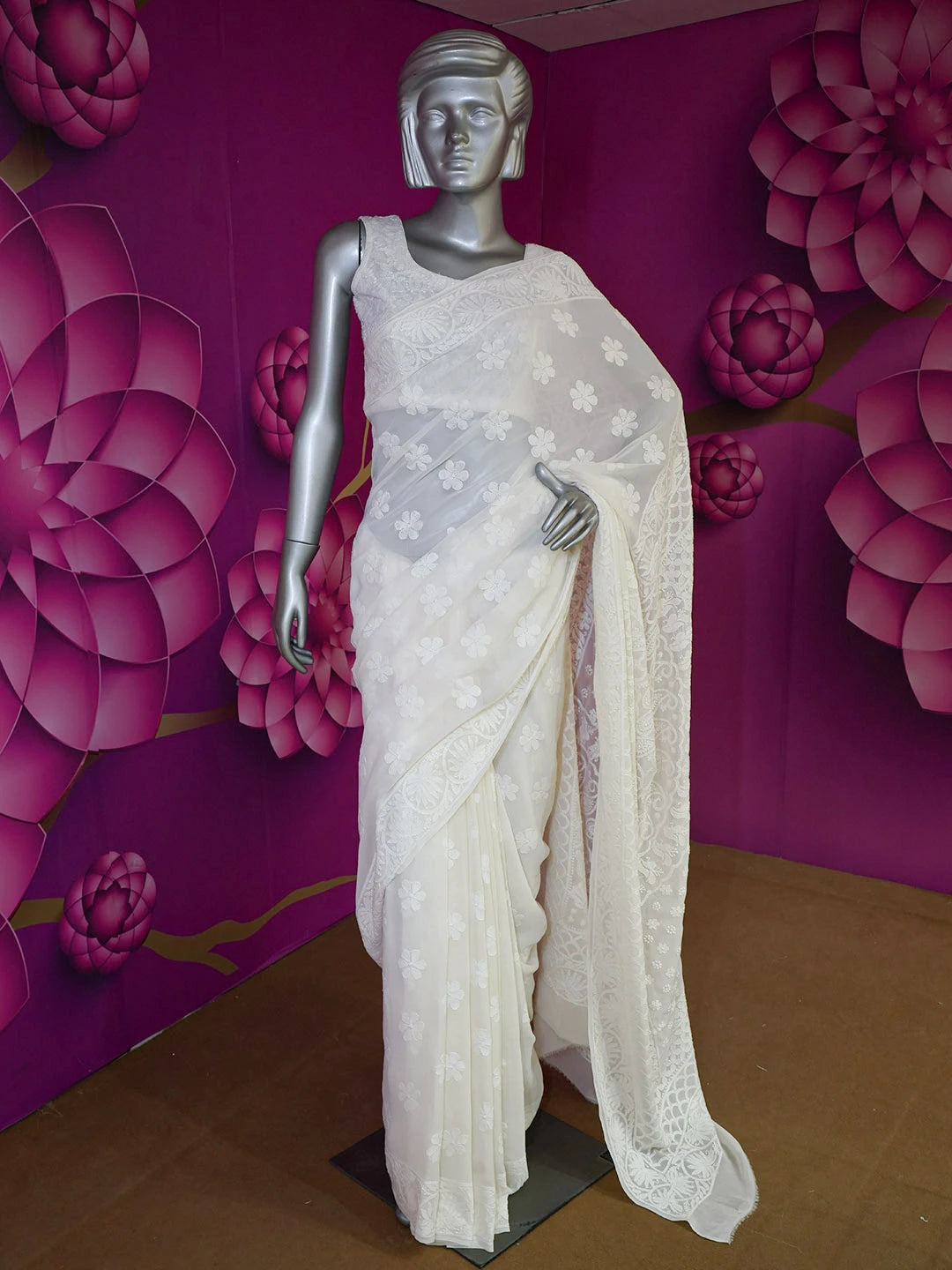 Ada Hand Embroidered White Pure Georgette Lucknowi Chikankari Saree with Blouse 01A311732