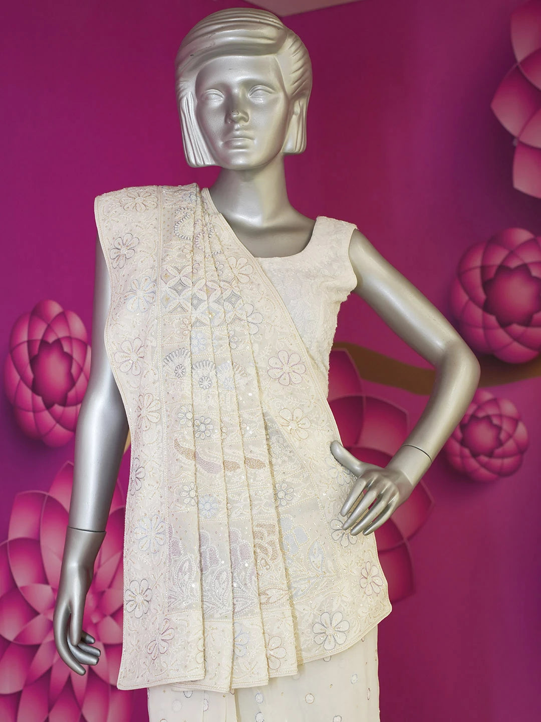 Ada Hand Embroidered White Pure Georgette Lucknowi Chikankari Saree With Blouse With Sequinned Work 01A436595