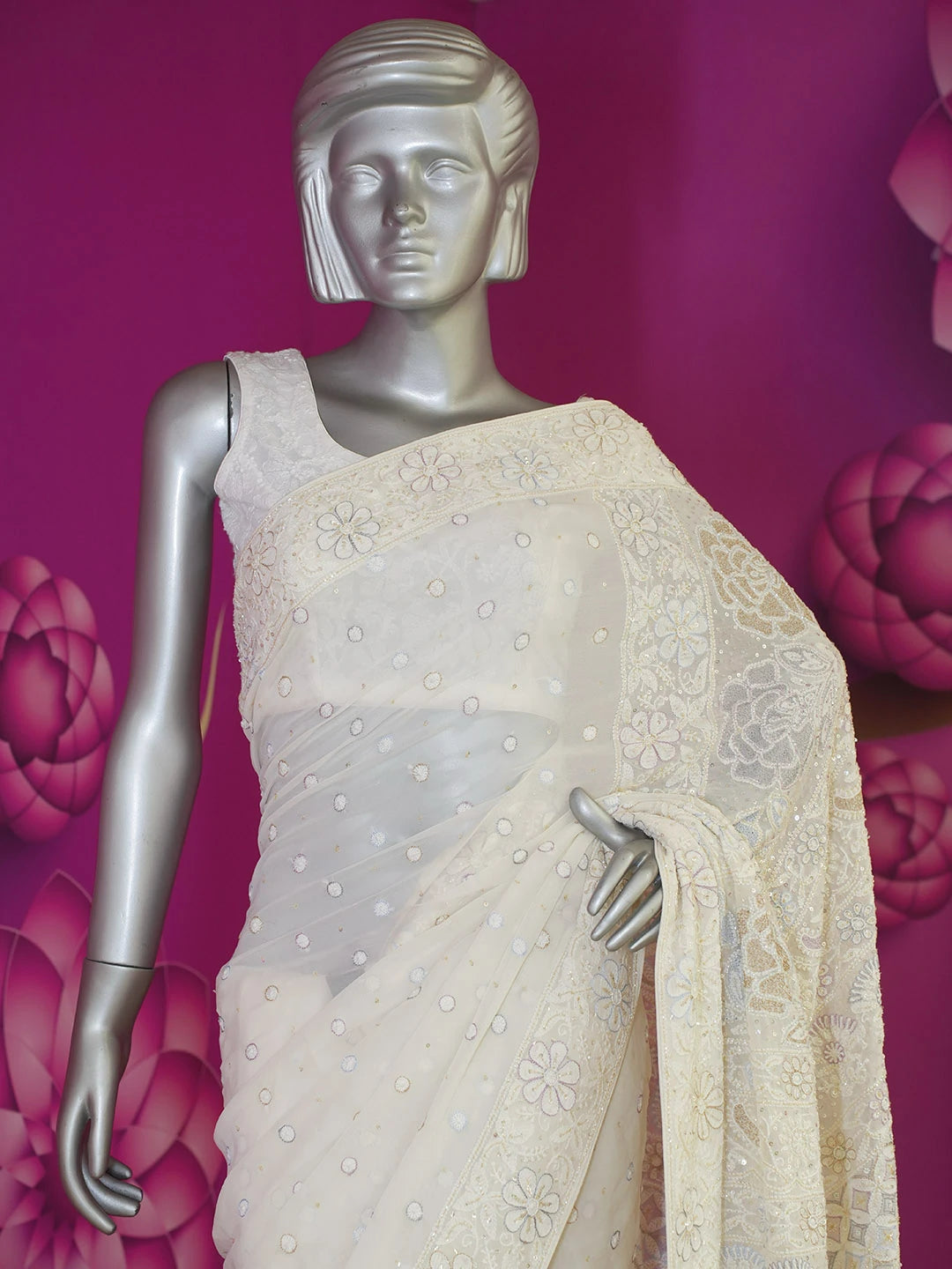 Ada Hand Embroidered White Pure Georgette Lucknowi Chikankari Saree With Blouse With Sequinned Work 01A436595