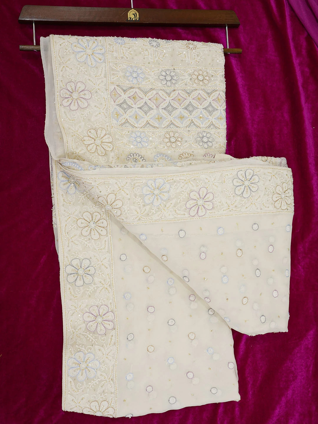 Ada Hand Embroidered White Pure Georgette Lucknowi Chikankari Saree With Blouse With Sequinned Work 01A436595