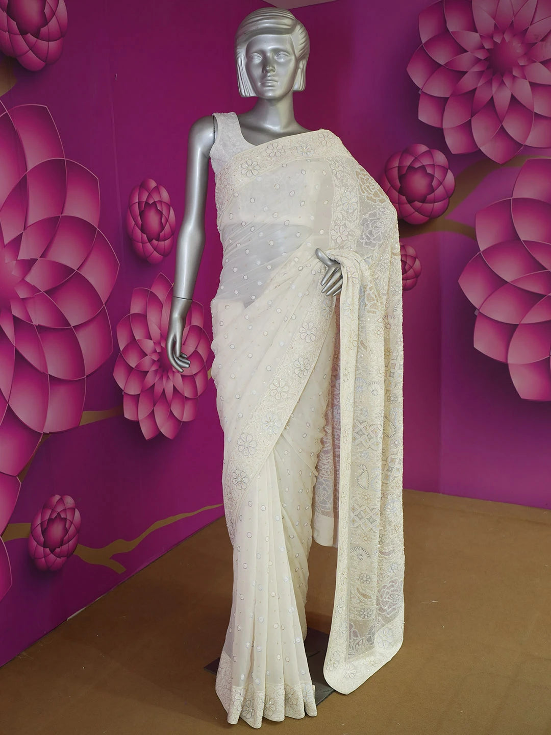 Ada Hand Embroidered White Pure Georgette Lucknowi Chikankari Saree With Blouse With Sequinned Work 01A436595
