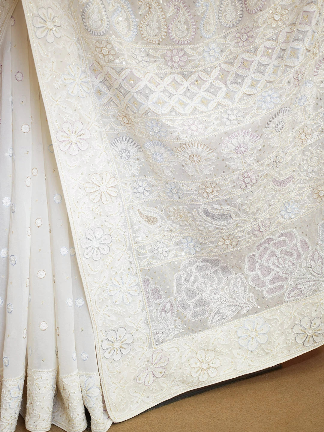 Ada Hand Embroidered White Pure Georgette Lucknowi Chikankari Saree With Blouse With Sequinned Work 01A436595