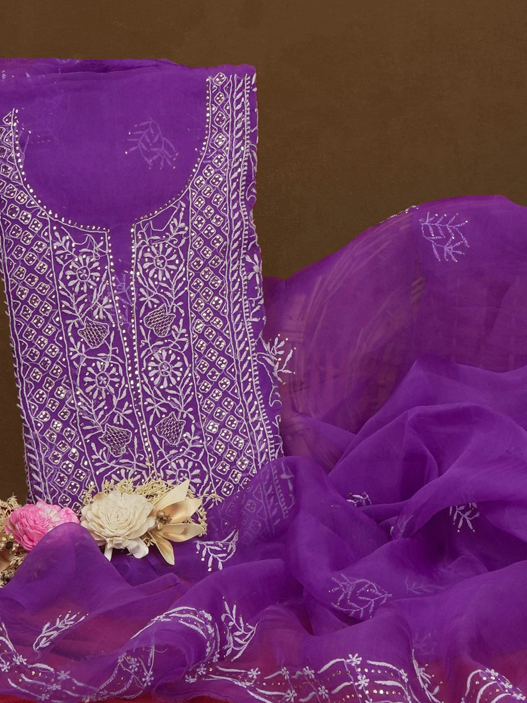 Ada Hand Embroidered Purple Organza Lucknowi Chikankari Unstitched Kurta Dupatta Set With Mukaish/Muqaish Work 01A414384