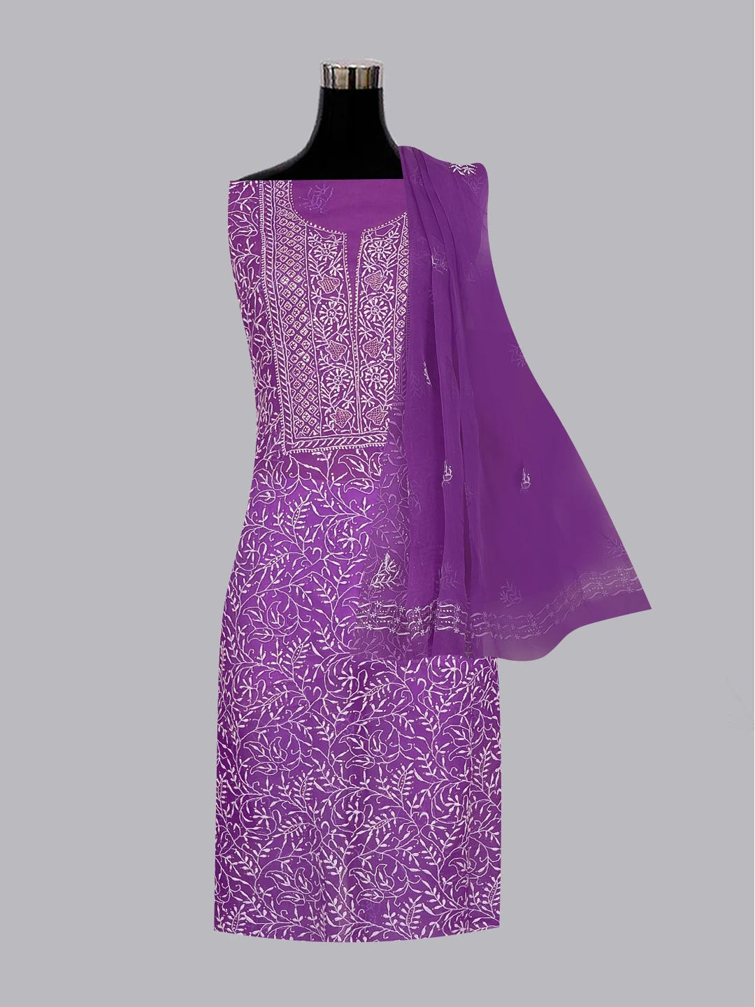 Ada Hand Embroidered Purple Organza Lucknowi Chikankari Unstitched Kurta Dupatta Set With Mukaish/Muqaish Work 01A414384