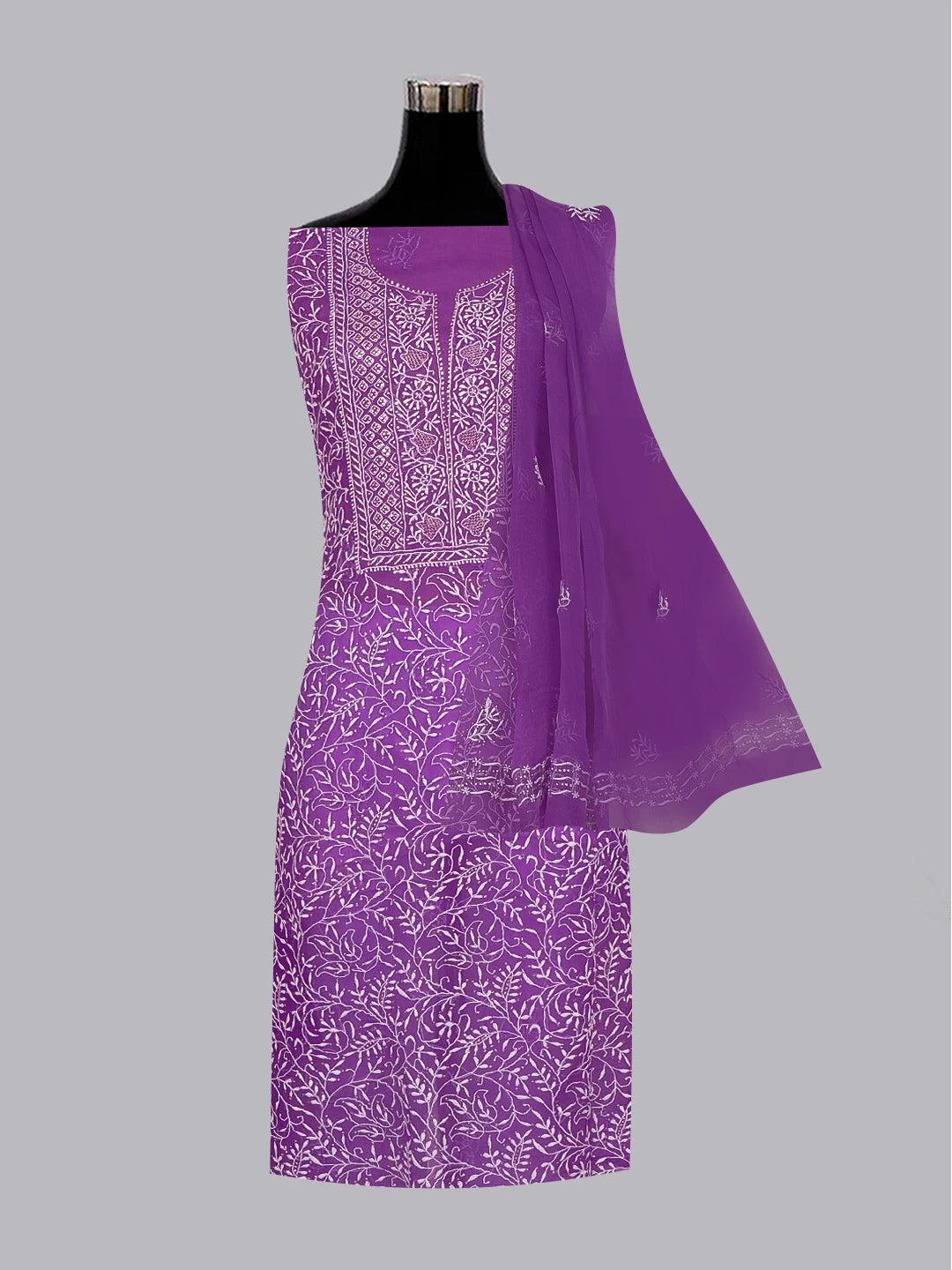 Ada Hand Embroidered Purple Organza Lucknowi Chikankari Unstitched Kurta Dupatta Set With Mukaish/Muqaish Work 01A414384