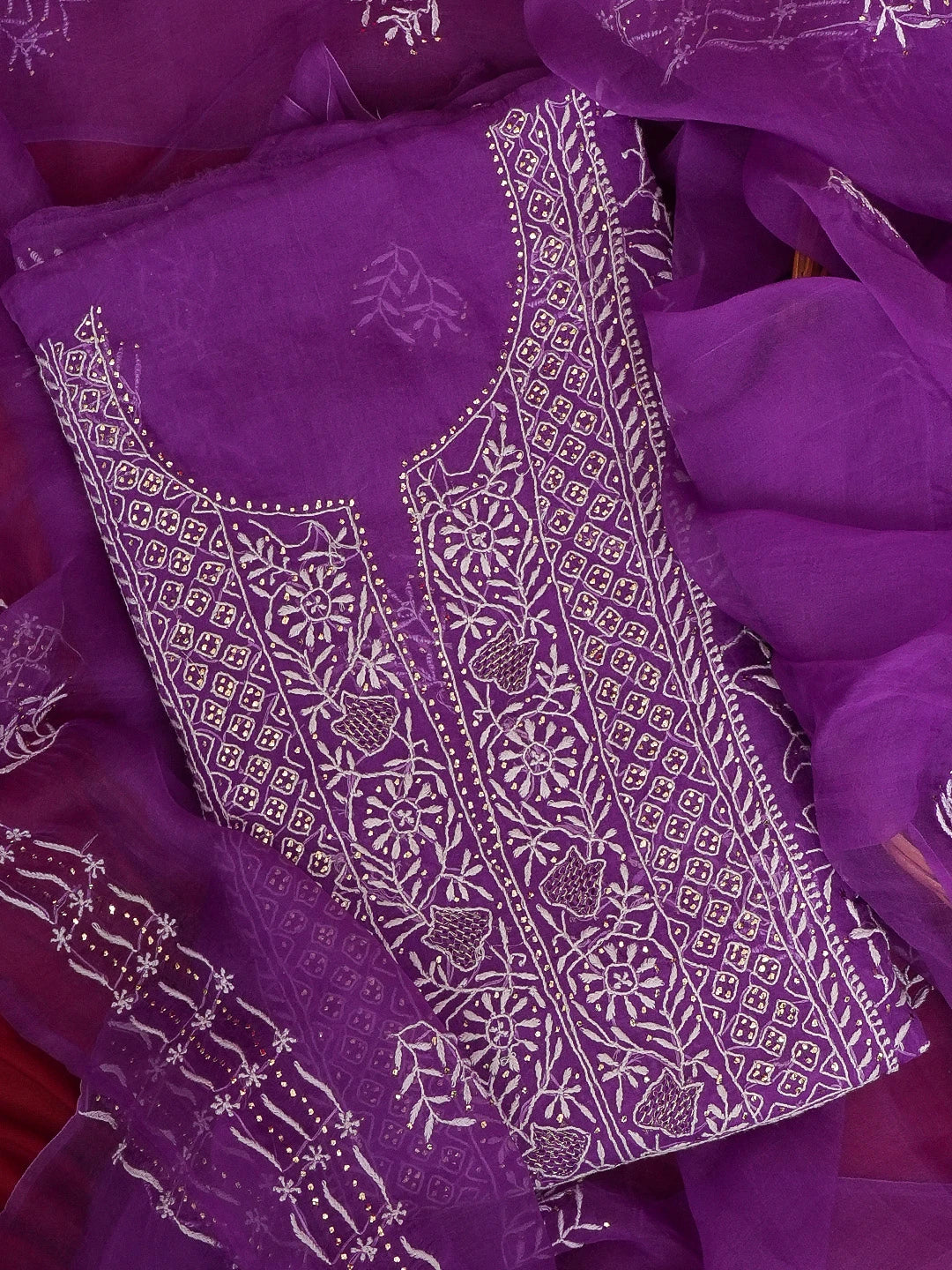 Ada Hand Embroidered Purple Organza Lucknowi Chikankari Unstitched Kurta Dupatta Set With Mukaish/Muqaish Work 01A414384