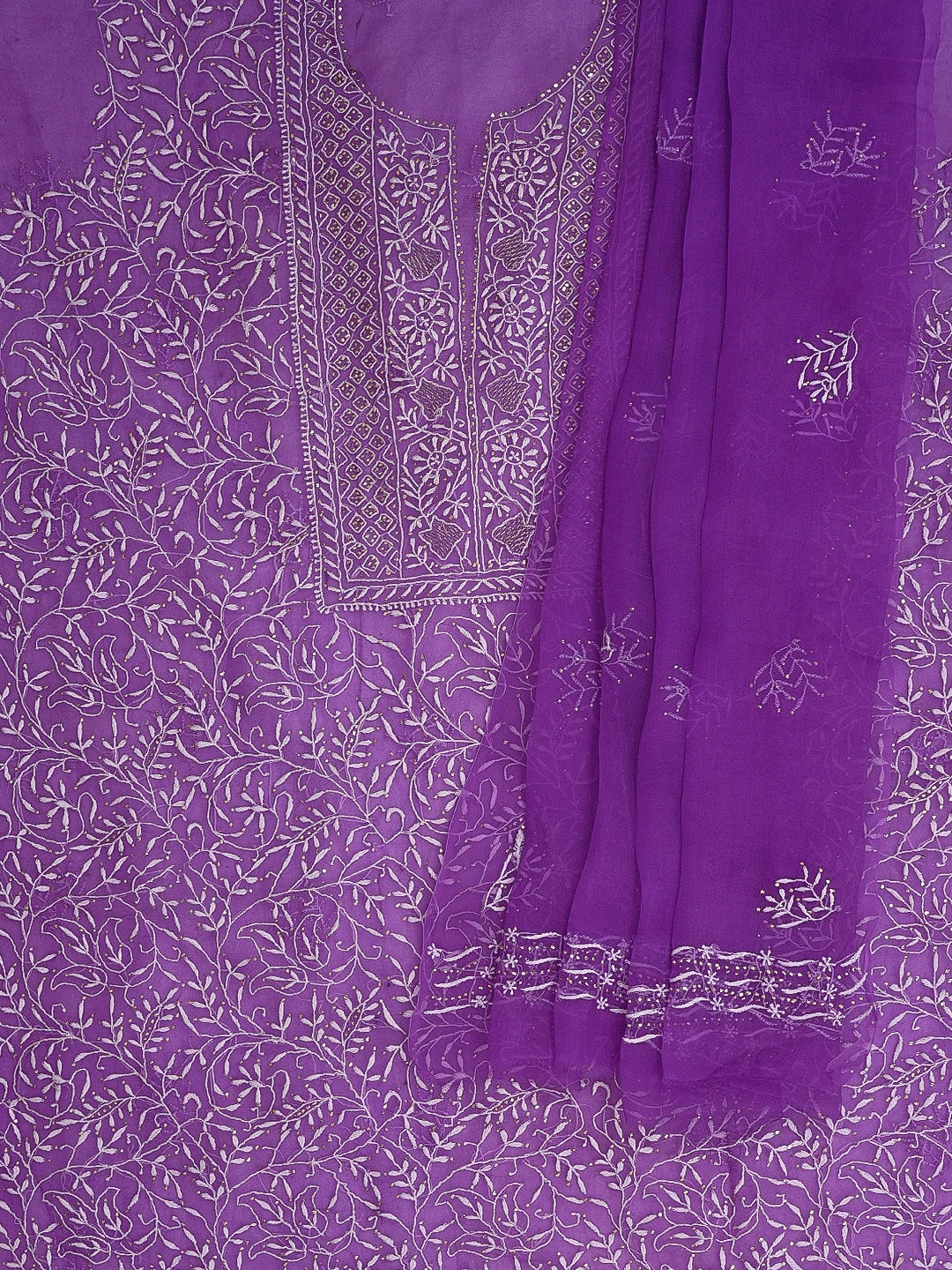 Ada Hand Embroidered Purple Organza Lucknowi Chikankari Unstitched Kurta Dupatta Set With Mukaish/Muqaish Work 01A414384