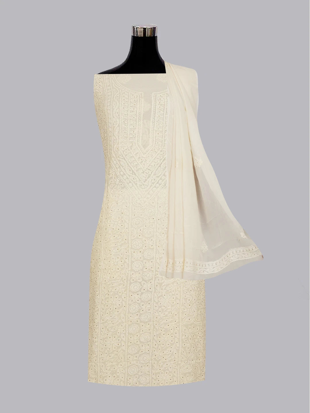 Ada Hand Embroidered Cream Viscose Georgette Lucknowi Chikankari Unstitched Kurta Dupatta Set With Muqaish Work 01A594177