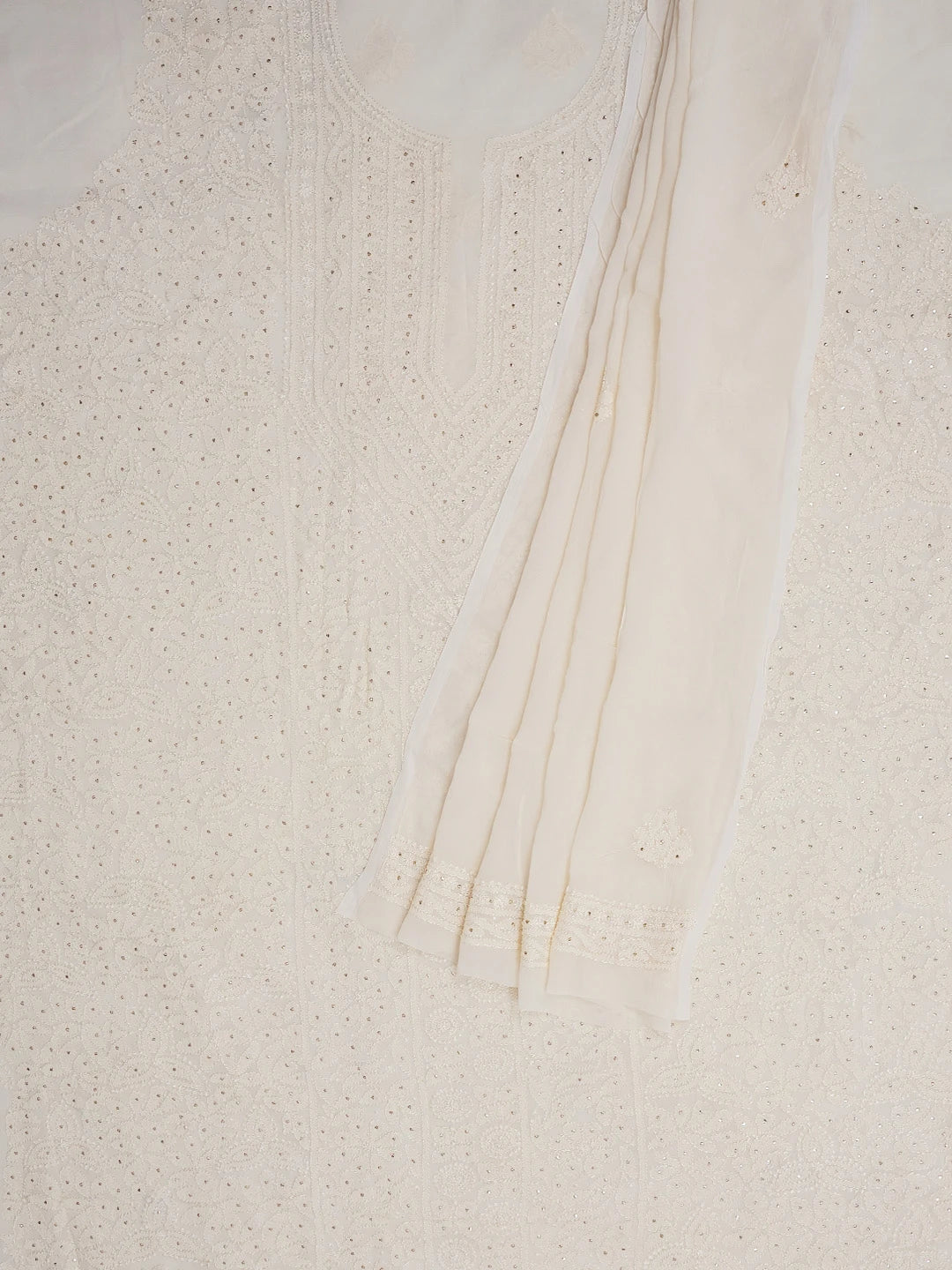 Ada Hand Embroidered Cream Viscose Georgette Lucknowi Chikankari Unstitched Kurta Dupatta Set With Muqaish Work 01A594177