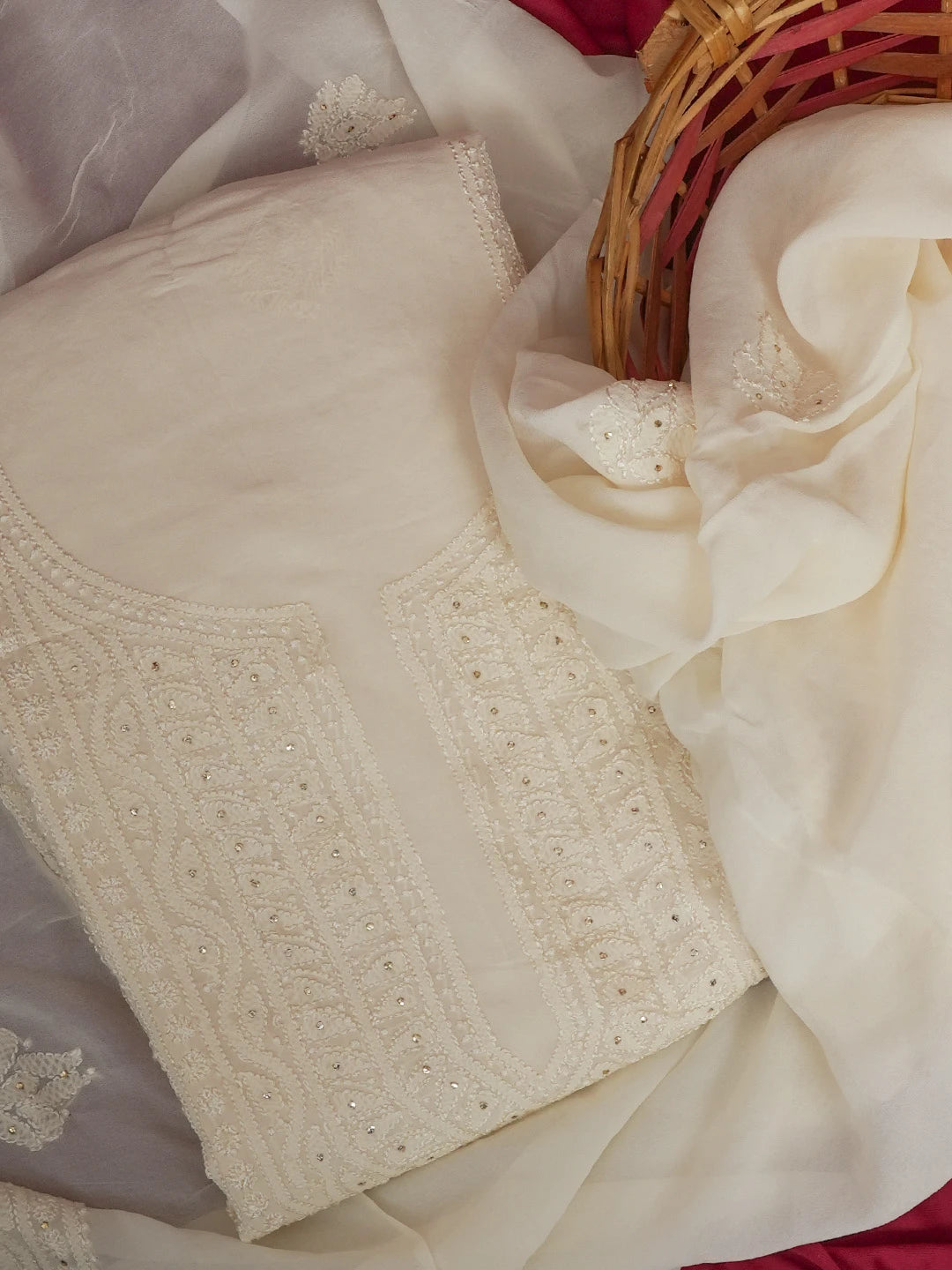 Ada Hand Embroidered Cream Viscose Georgette Lucknowi Chikankari Unstitched Kurta Dupatta Set With Muqaish Work 01A594177