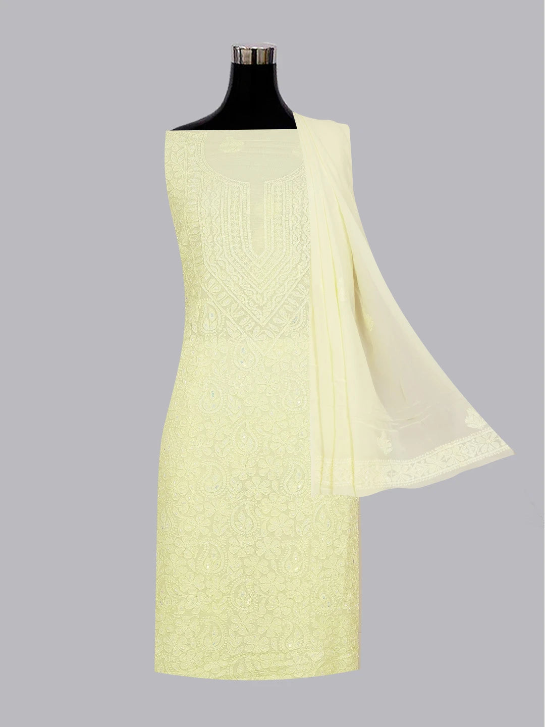 Ada Hand Embroidered Lemon Viscose Georgette Lucknowi Chikankari Unstitched Kurta Dupatta Set With Cutdana Work 01A594254