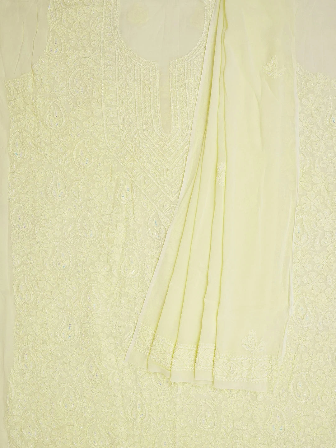 Ada Hand Embroidered Lemon Viscose Georgette Lucknowi Chikankari Unstitched Kurta Dupatta Set With Cutdana Work 01A594254