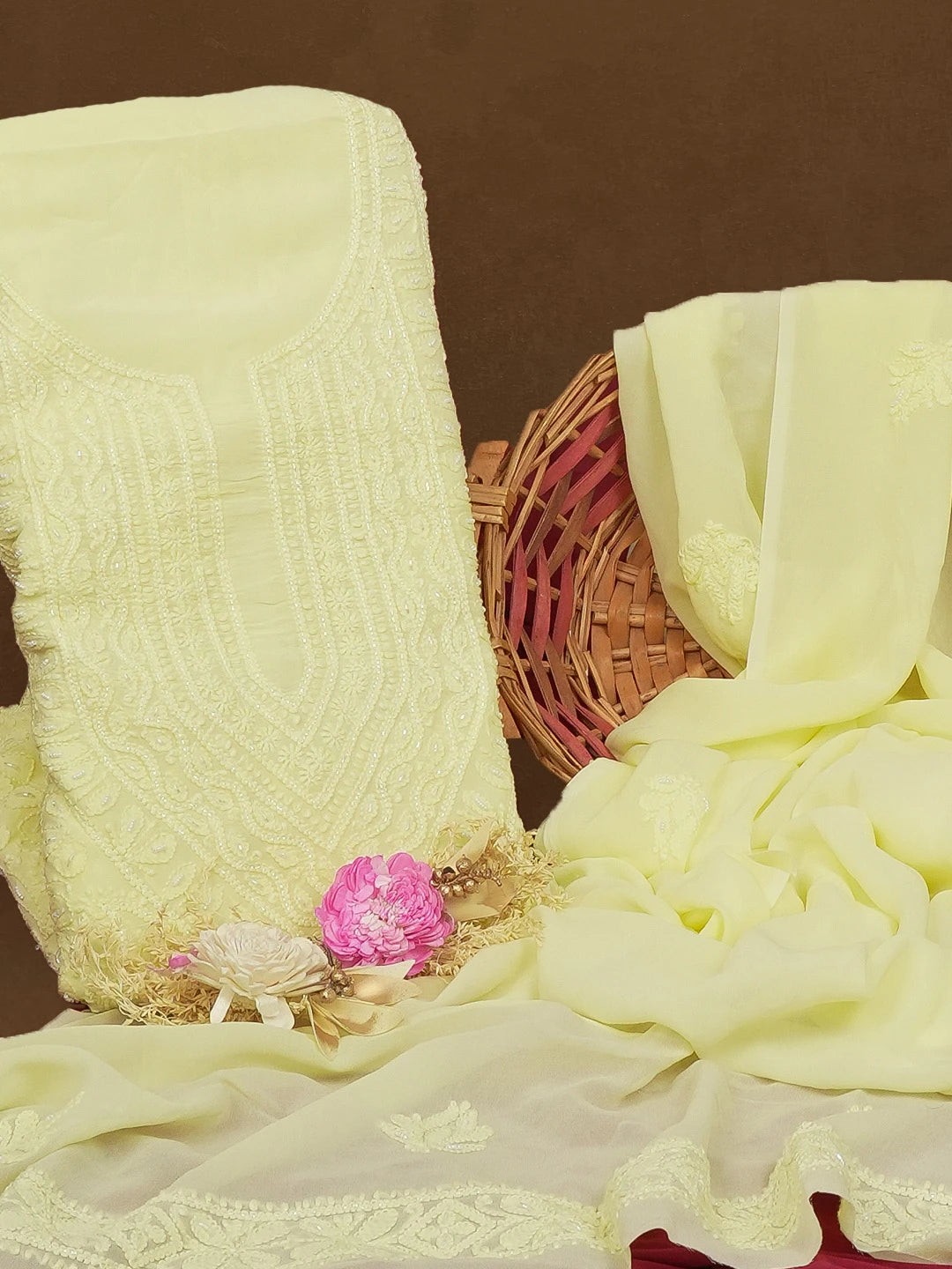 Ada Hand Embroidered Lemon Viscose Georgette Lucknowi Chikankari Unstitched Kurta Dupatta Set With Cutdana Work 01A594254