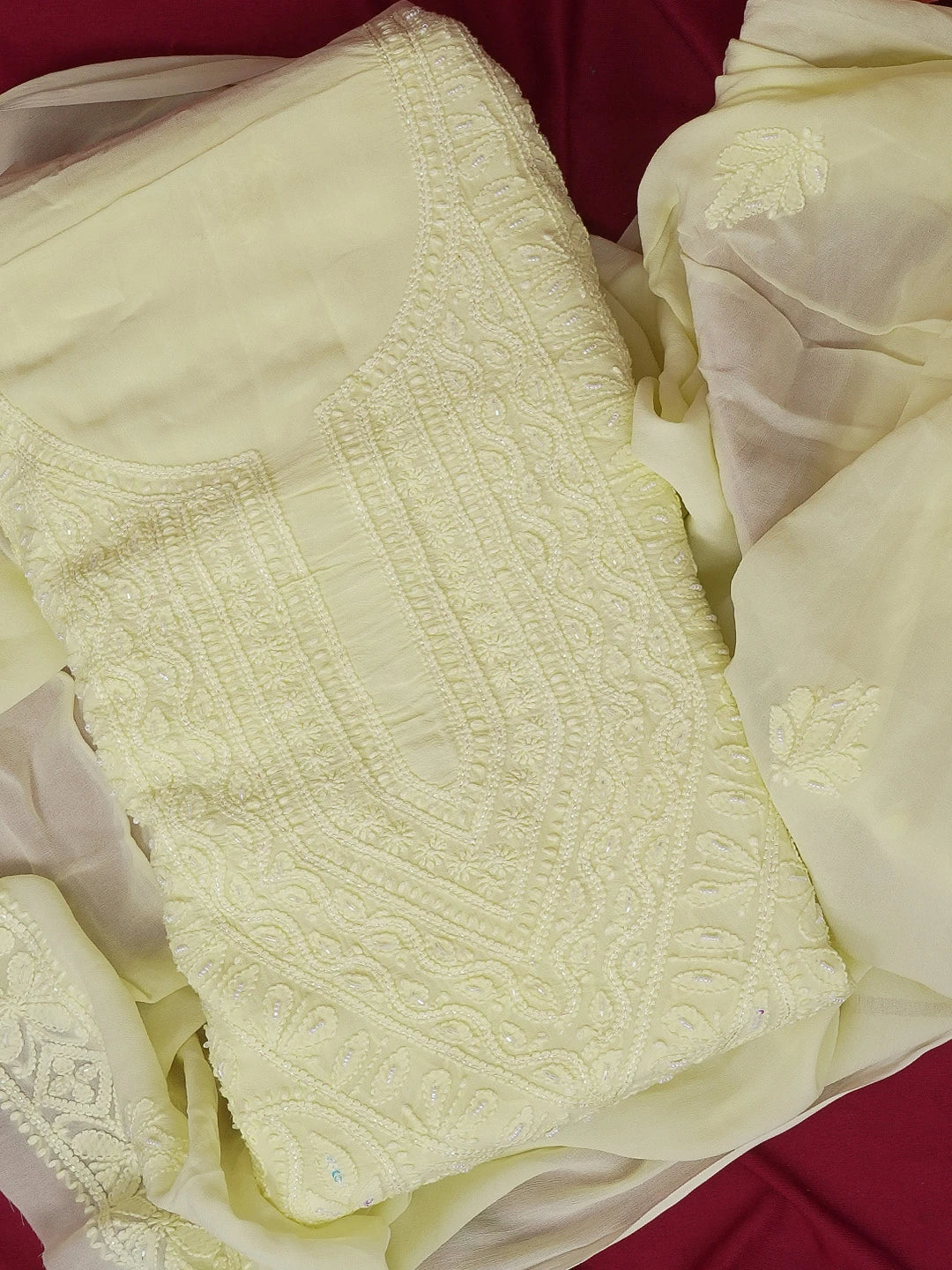 Ada Hand Embroidered Lemon Viscose Georgette Lucknowi Chikankari Unstitched Kurta Dupatta Set With Cutdana Work 01A594254