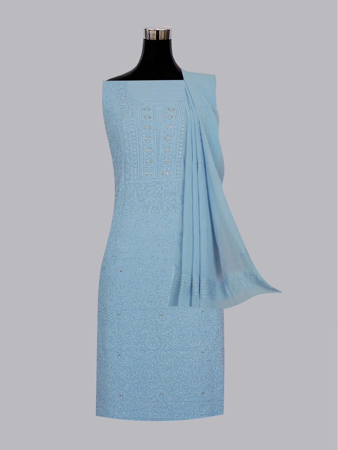 Ada Hand Embroidered Sky Blue Viscose Georgette Lucknowi Chikankari Unstitched Kurta Dupatta Set With Muqaish Work 01A594176