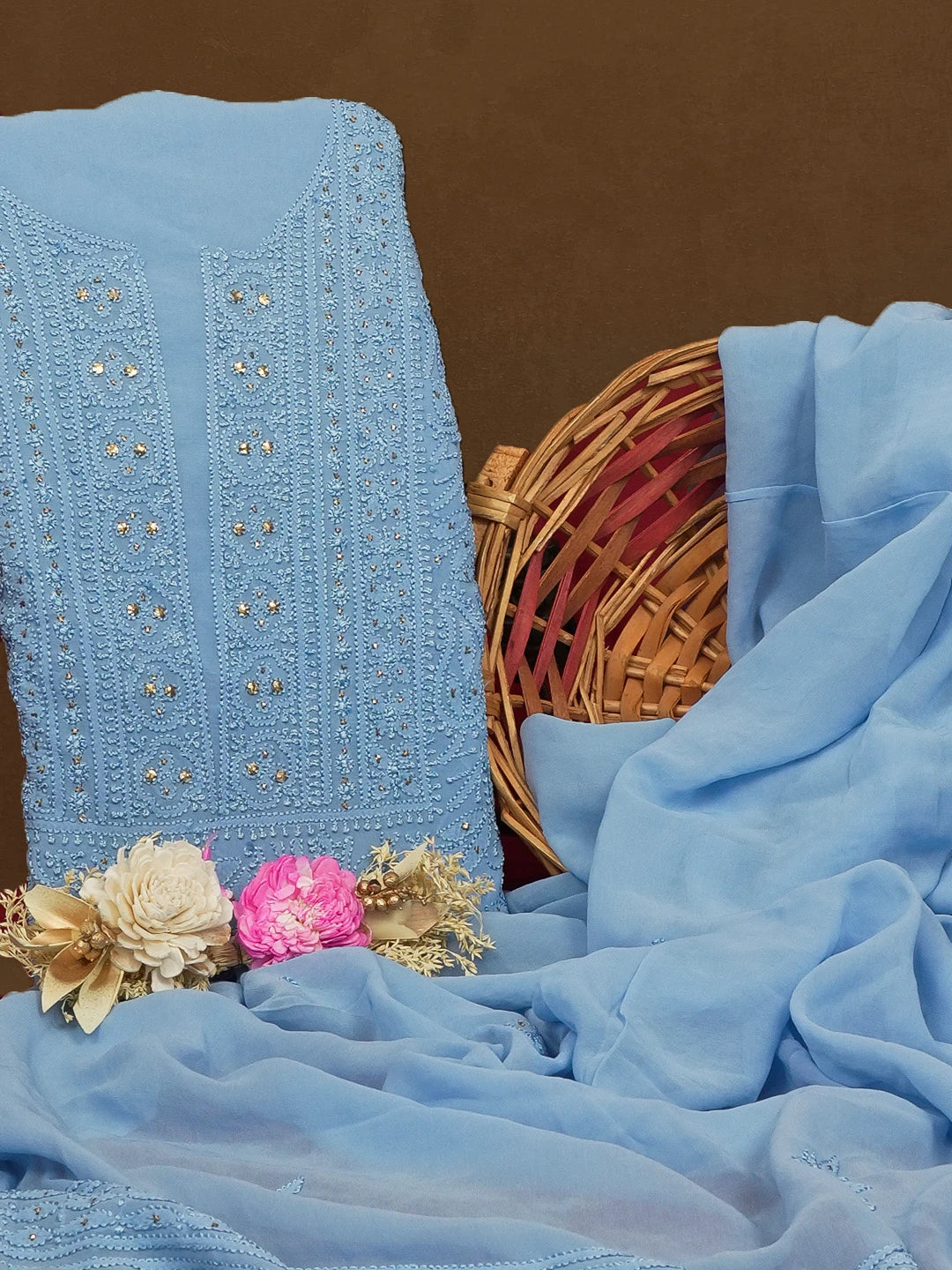 Ada Hand Embroidered Sky Blue Viscose Georgette Lucknowi Chikankari Unstitched Kurta Dupatta Set With Muqaish Work 01A594176