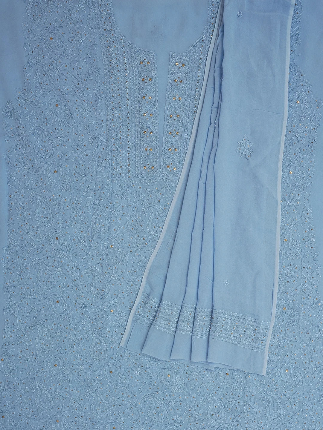 Ada Hand Embroidered Sky Blue Viscose Georgette Lucknowi Chikankari Unstitched Kurta Dupatta Set With Muqaish Work 01A594176