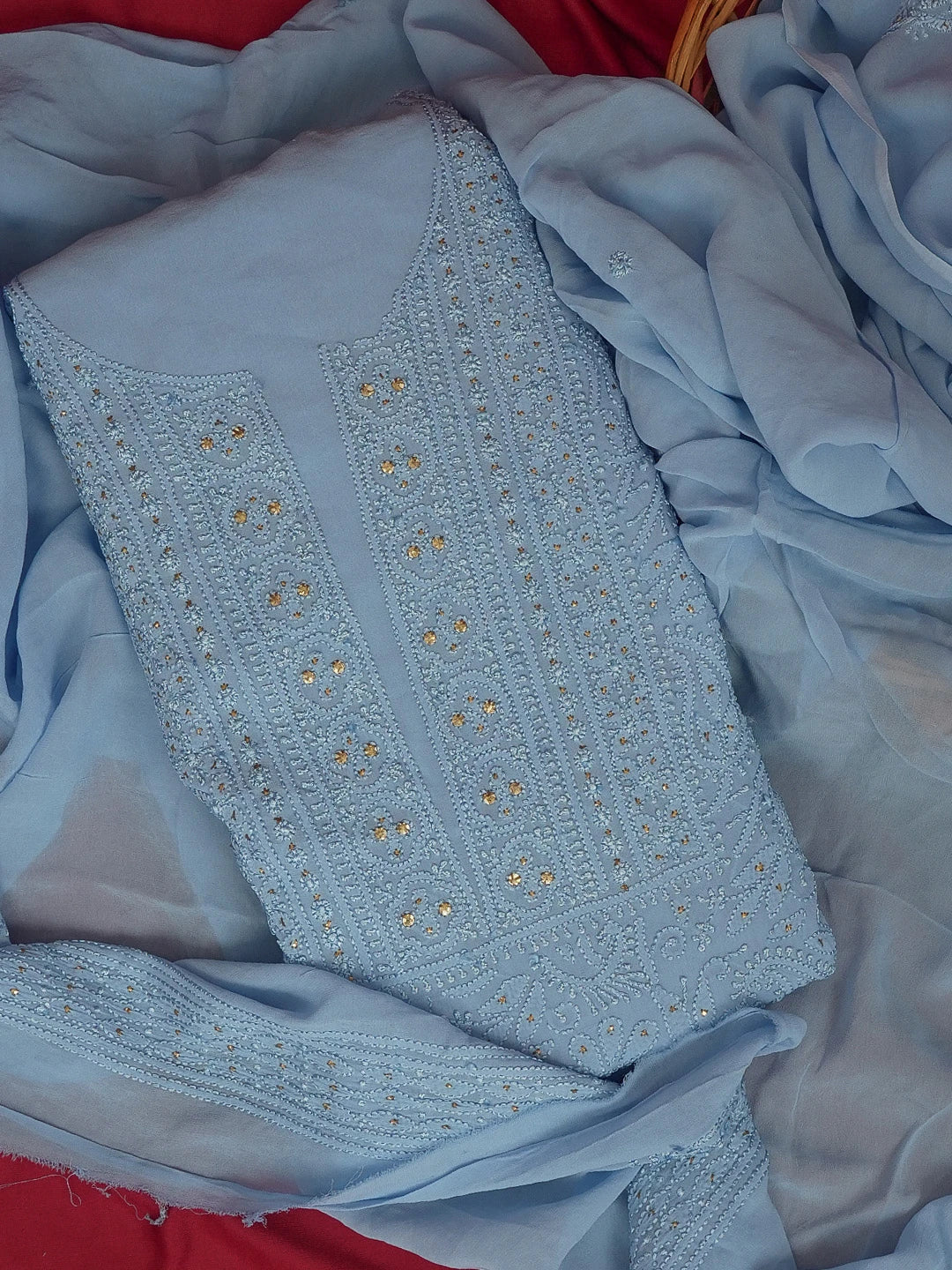 Ada Hand Embroidered Sky Blue Viscose Georgette Lucknowi Chikankari Unstitched Kurta Dupatta Set With Muqaish Work 01A594176
