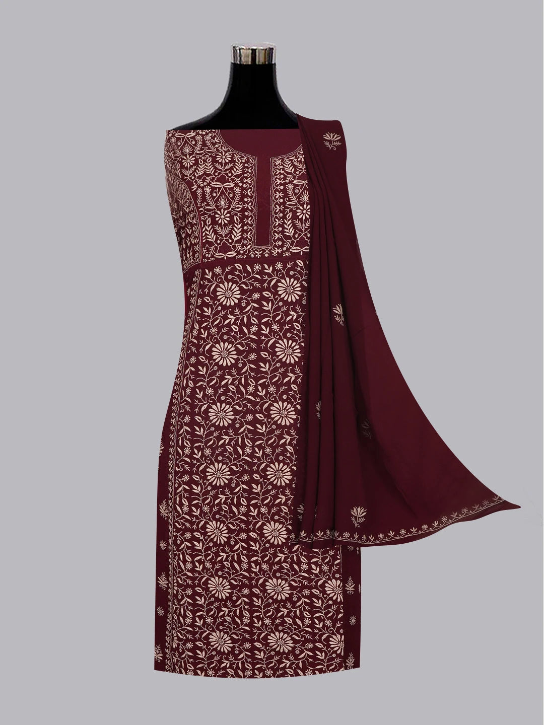 Ada Hand Embroidered Maroon Viscose Georgette Lucknowi Chikankari Semi Stitched Kurta Dupatta Set 01A501604