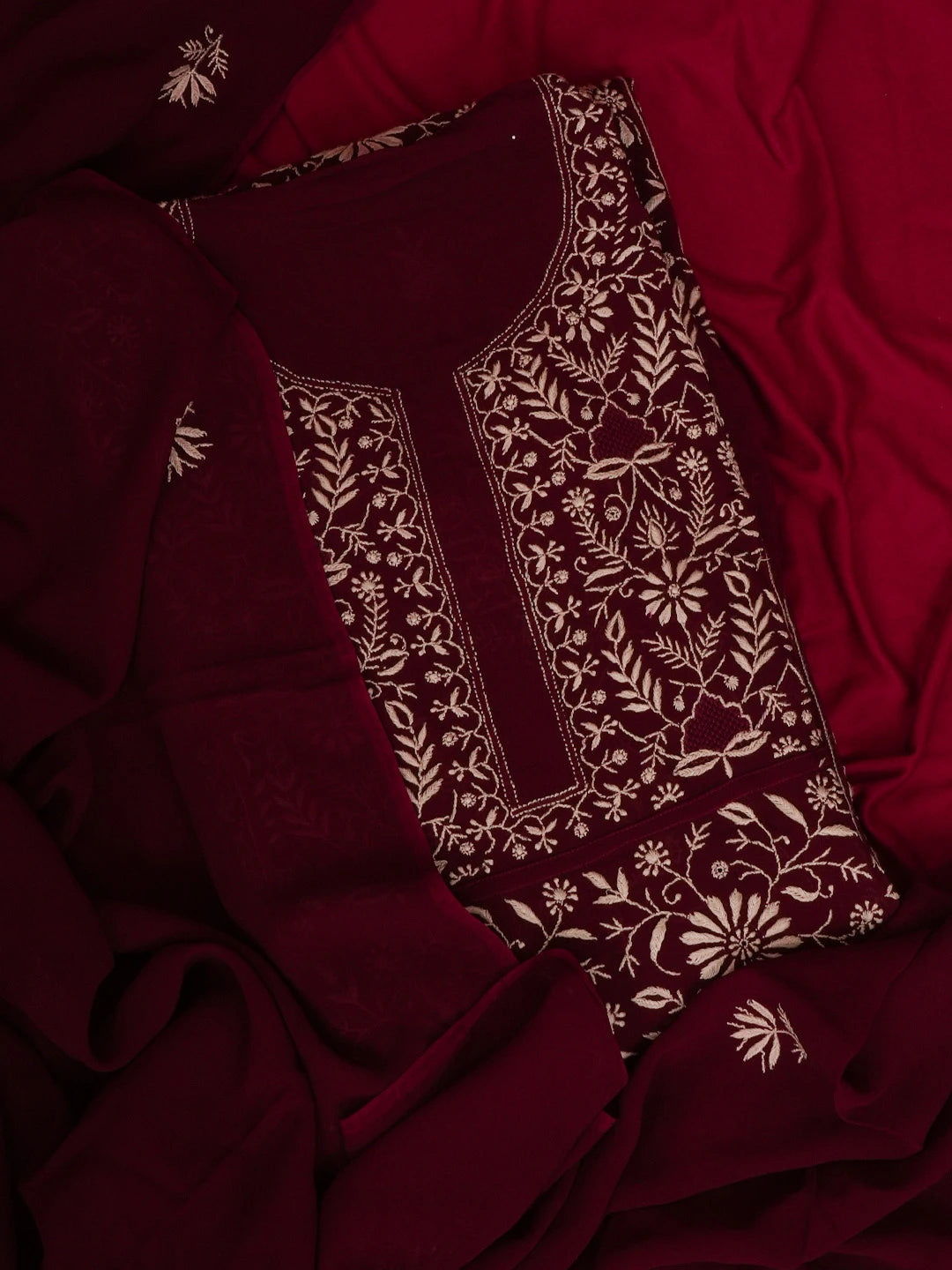 Ada Hand Embroidered Maroon Viscose Georgette Lucknowi Chikankari Semi Stitched Kurta Dupatta Set 01A501604