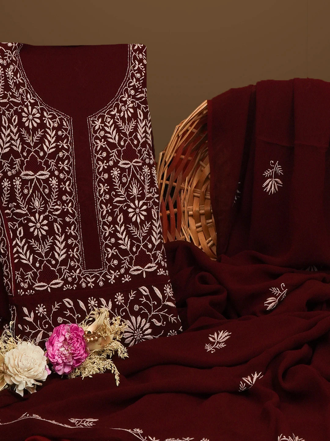 Ada Hand Embroidered Maroon Viscose Georgette Lucknowi Chikankari Semi Stitched Kurta Dupatta Set 01A501604