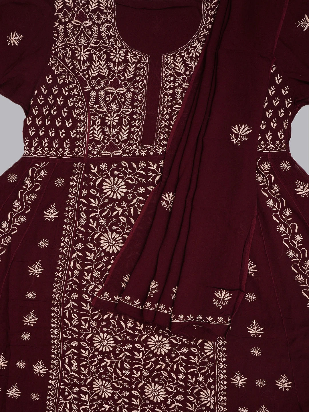 Ada Hand Embroidered Maroon Viscose Georgette Lucknowi Chikankari Semi Stitched Kurta Dupatta Set 01A501604