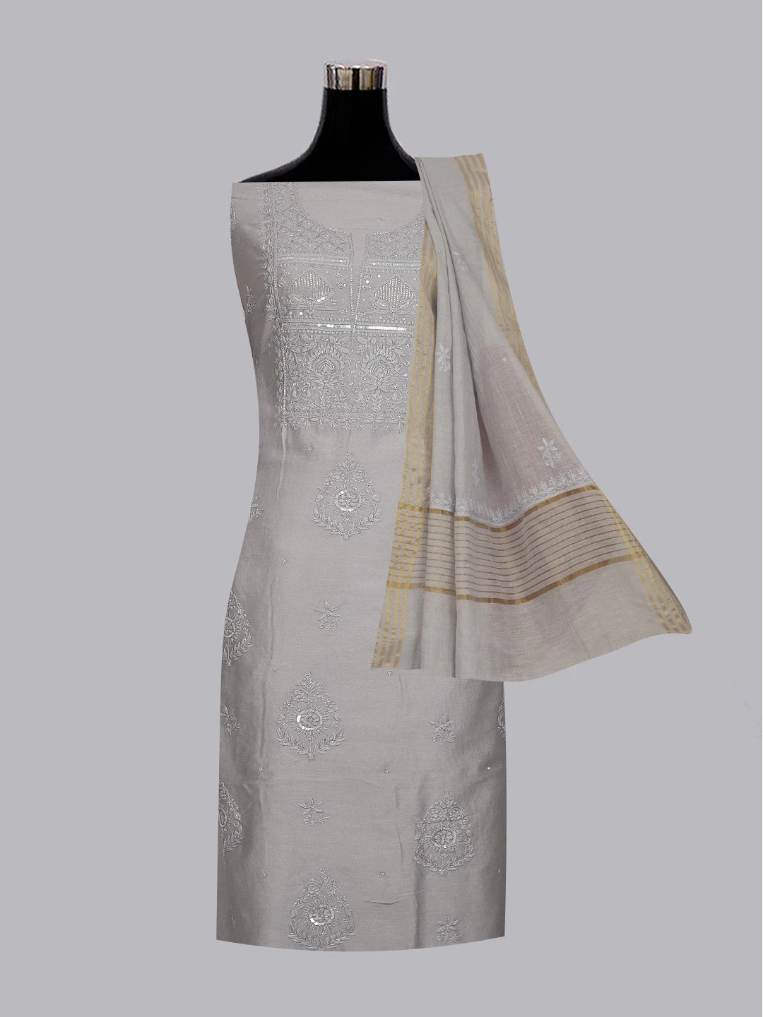 Ada Hand Embroidered Grey Chanderi Lucknowi Chikankari Unstitched Kurta Dupatta Set With Cutdana Work 01A598600