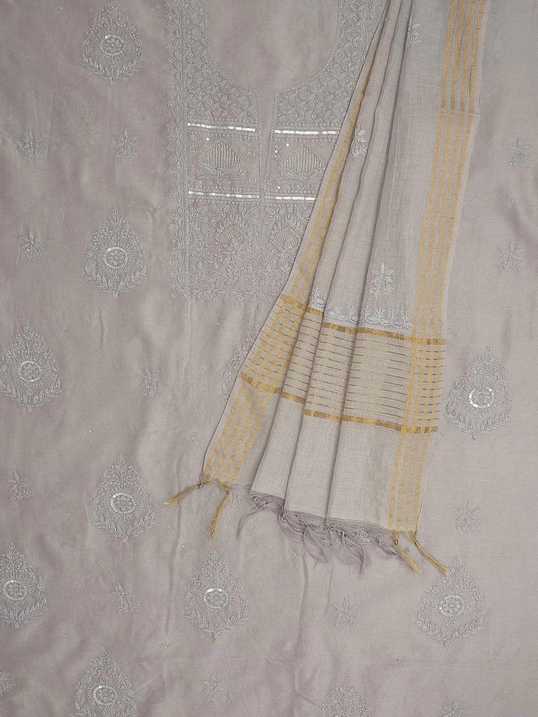 Ada Hand Embroidered Grey Chanderi Lucknowi Chikankari Unstitched Kurta Dupatta Set With Cutdana Work 01A598600
