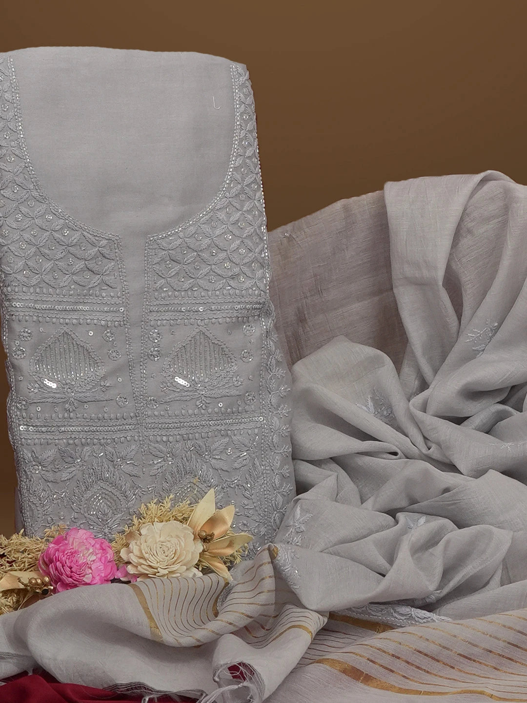 Ada Hand Embroidered Grey Chanderi Lucknowi Chikankari Unstitched Kurta Dupatta Set With Cutdana Work 01A598600