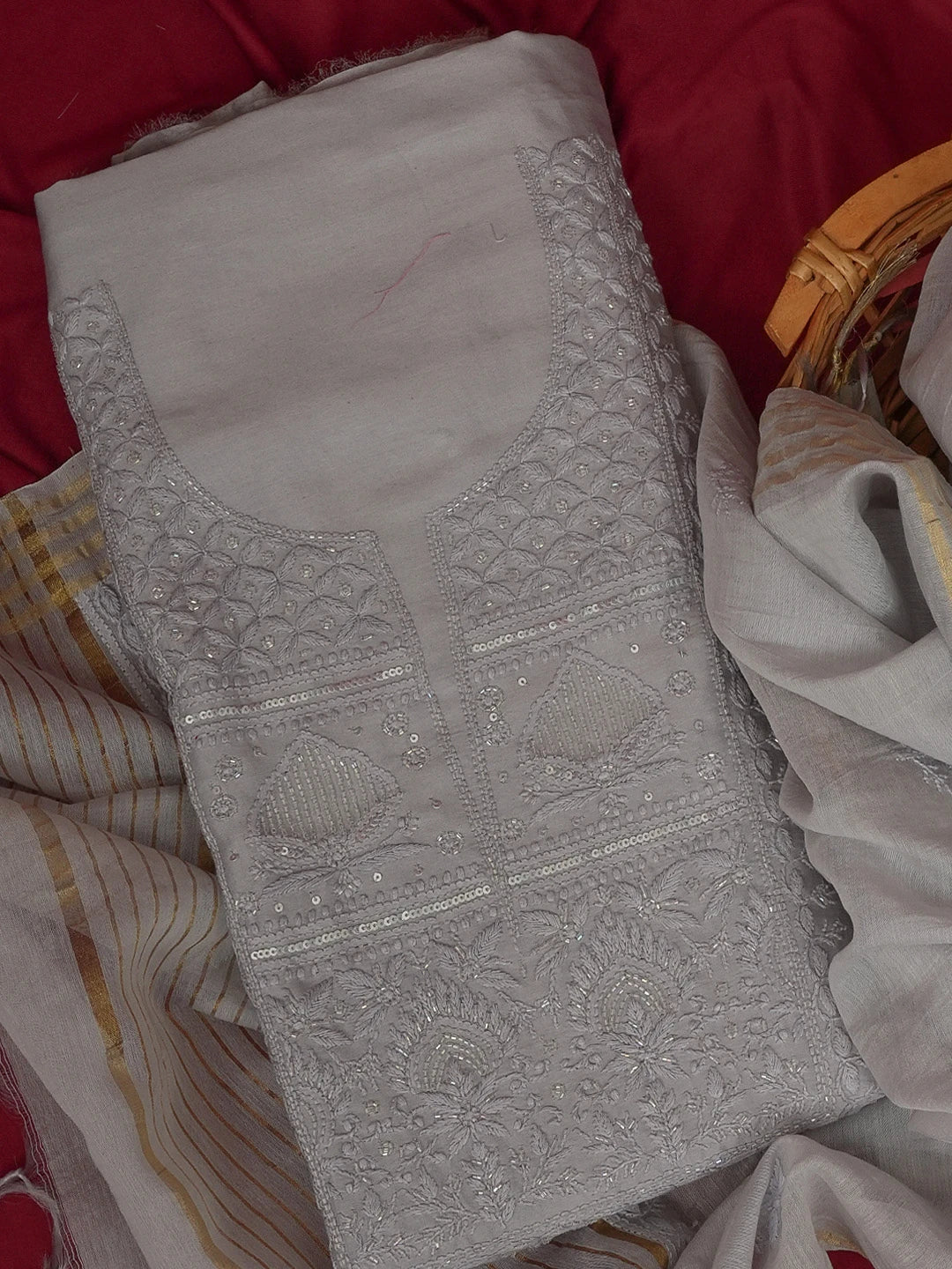 Ada Hand Embroidered Grey Chanderi Lucknowi Chikankari Unstitched Kurta Dupatta Set With Cutdana Work 01A598600