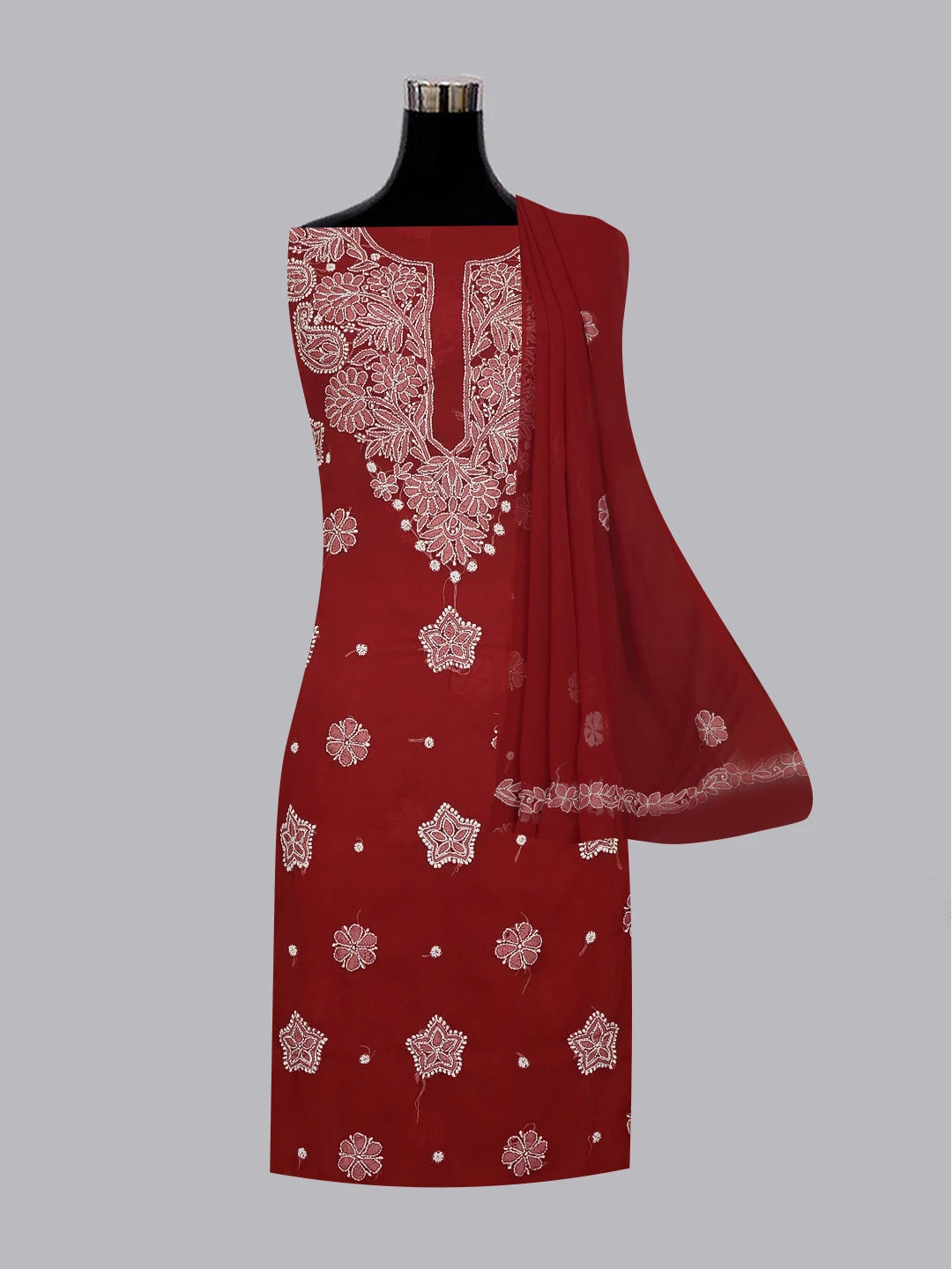 Ada Hand Embroidered Maroon Georgette Lucknowi Chikankari Unstitched Suit Piece 01A572944