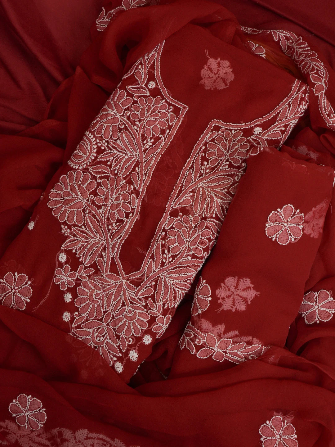 Ada Hand Embroidered Maroon Georgette Lucknowi Chikankari Unstitched Suit Piece 01A572944