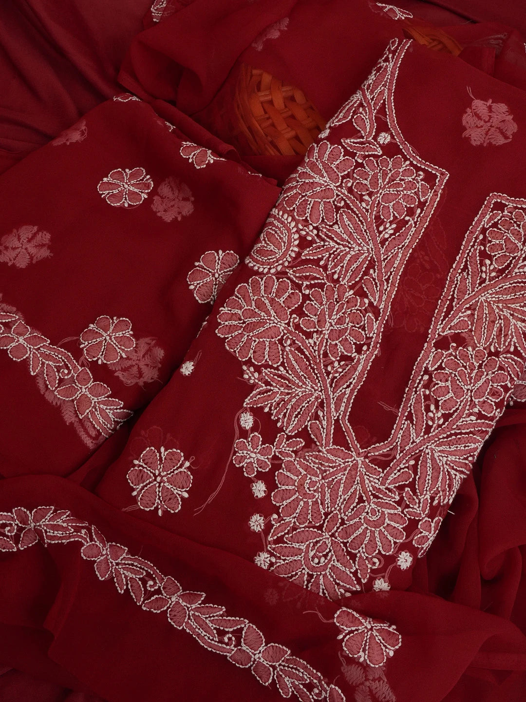 Ada Hand Embroidered Maroon Georgette Lucknowi Chikankari Unstitched Suit Piece 01A572944