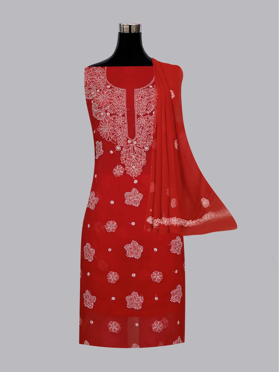 Ada Hand Embroidered Red Georgette Lucknowi Chikankari Unstitched Suit Piece 01A572927