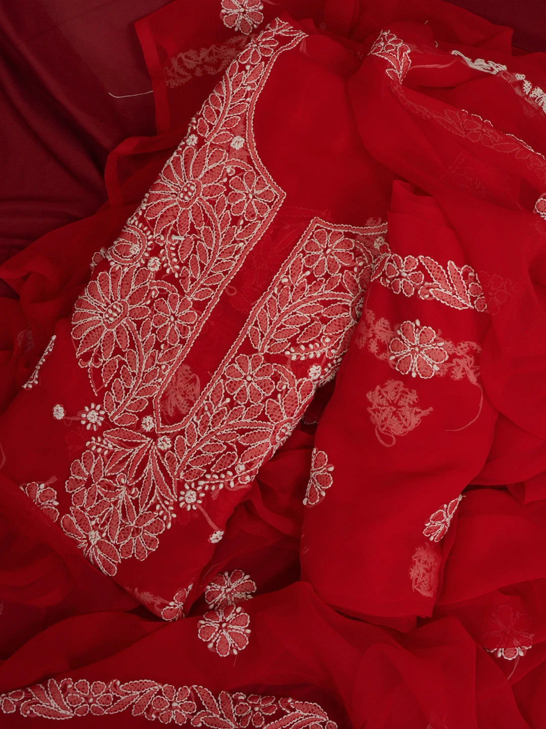 Ada Hand Embroidered Red Georgette Lucknowi Chikankari Unstitched Suit Piece 01A572927