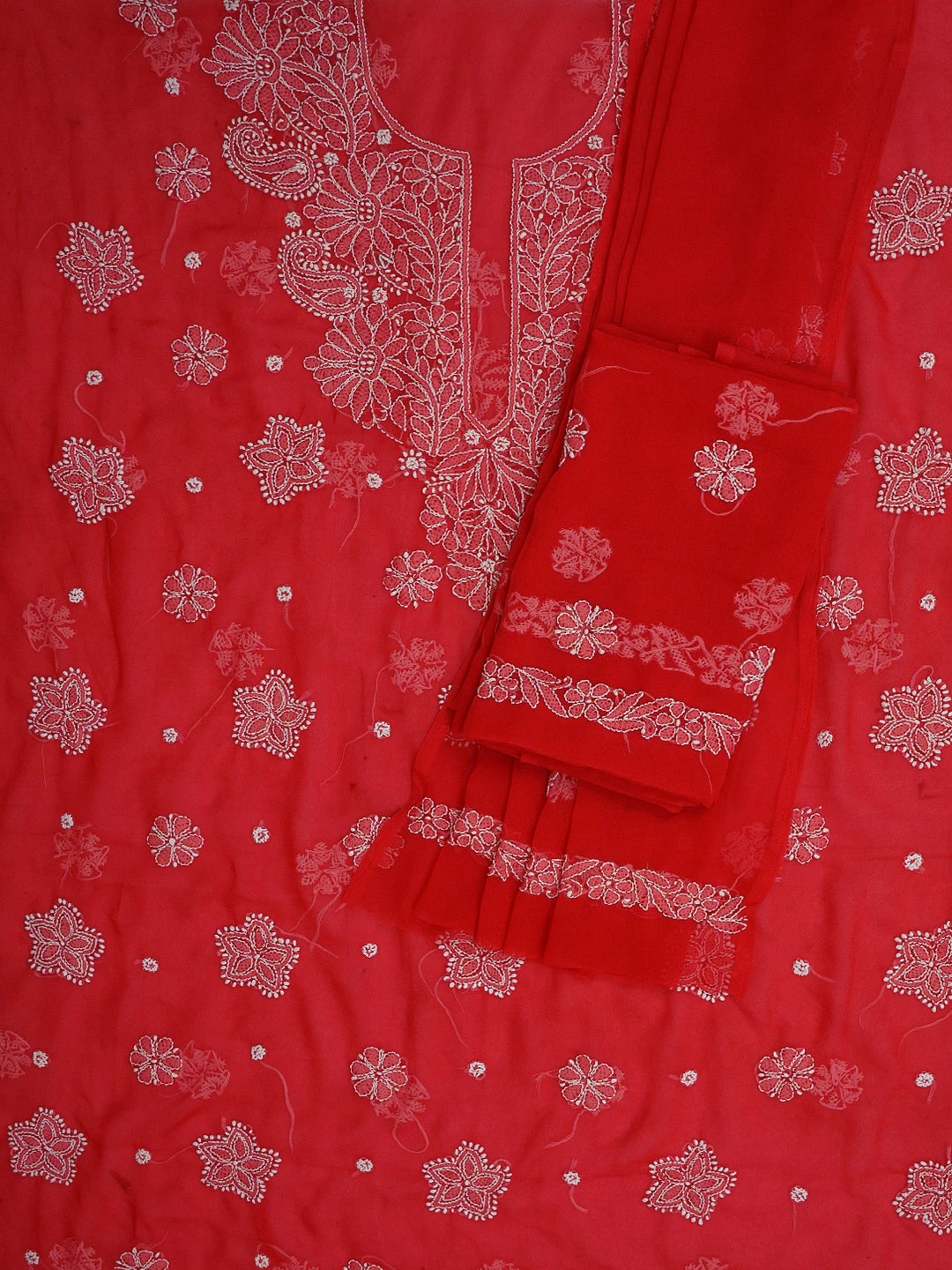 Ada Hand Embroidered Red Georgette Lucknowi Chikankari Unstitched Suit Piece 01A572927