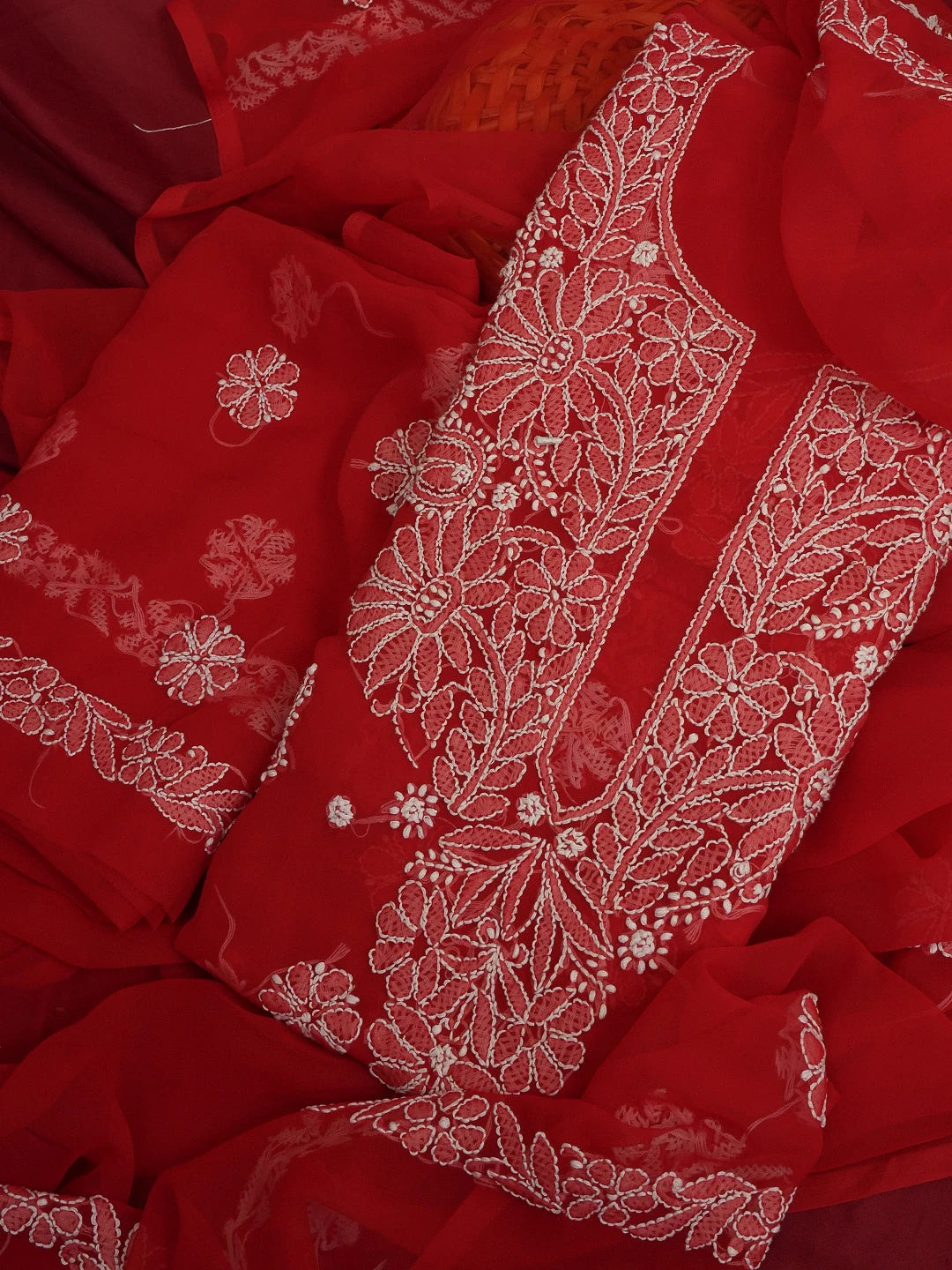Ada Hand Embroidered Red Georgette Lucknowi Chikankari Unstitched Suit Piece 01A572927