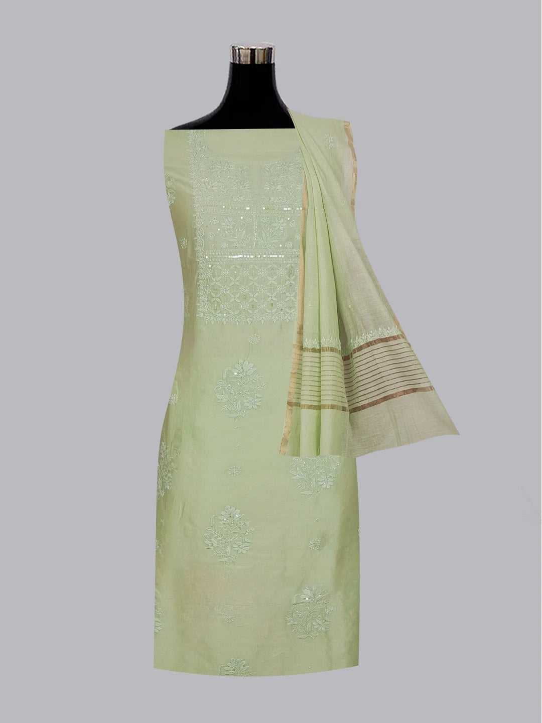 Ada Hand Embroidered Pista Green Chanderi Lucknowi Chikankari Unstitched Kurta Dupatta Set With Sequinned and Cutdana Work 01A598604
