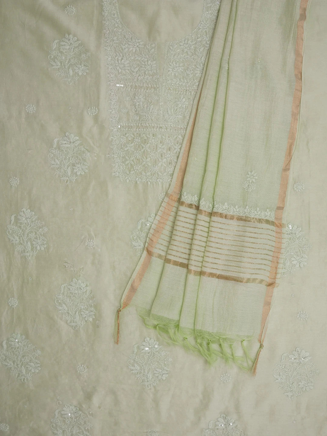 Ada Hand Embroidered Pista Green Chanderi Lucknowi Chikankari Unstitched Kurta Dupatta Set With Sequinned and Cutdana Work 01A598604