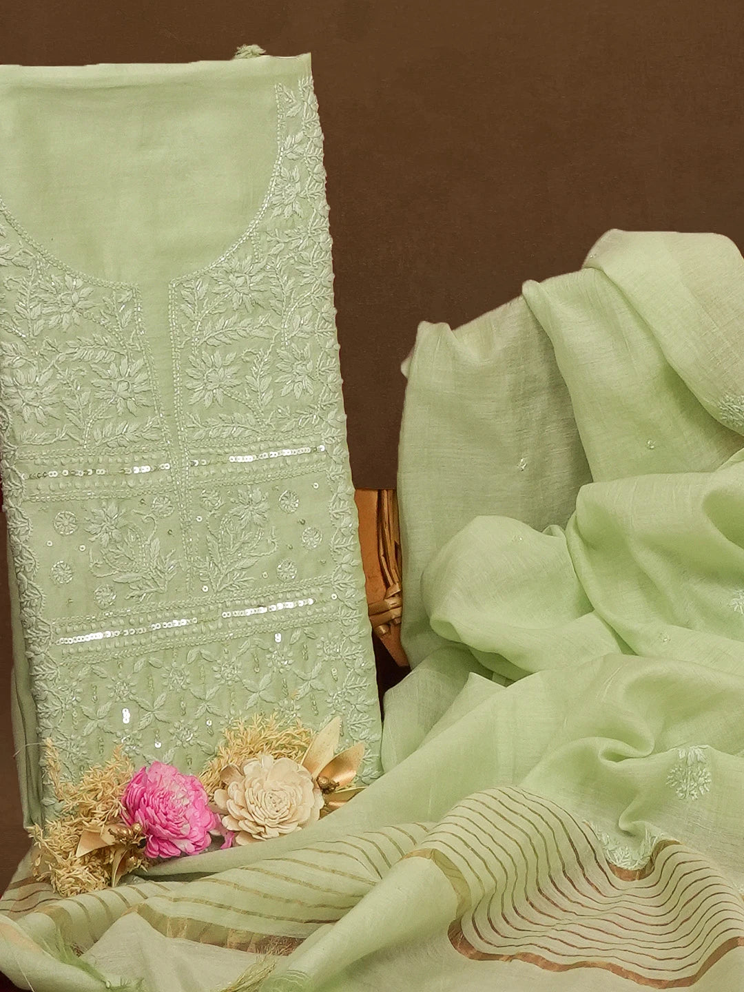 Ada Hand Embroidered Pista Green Chanderi Lucknowi Chikankari Unstitched Kurta Dupatta Set With Sequinned and Cutdana Work 01A598604