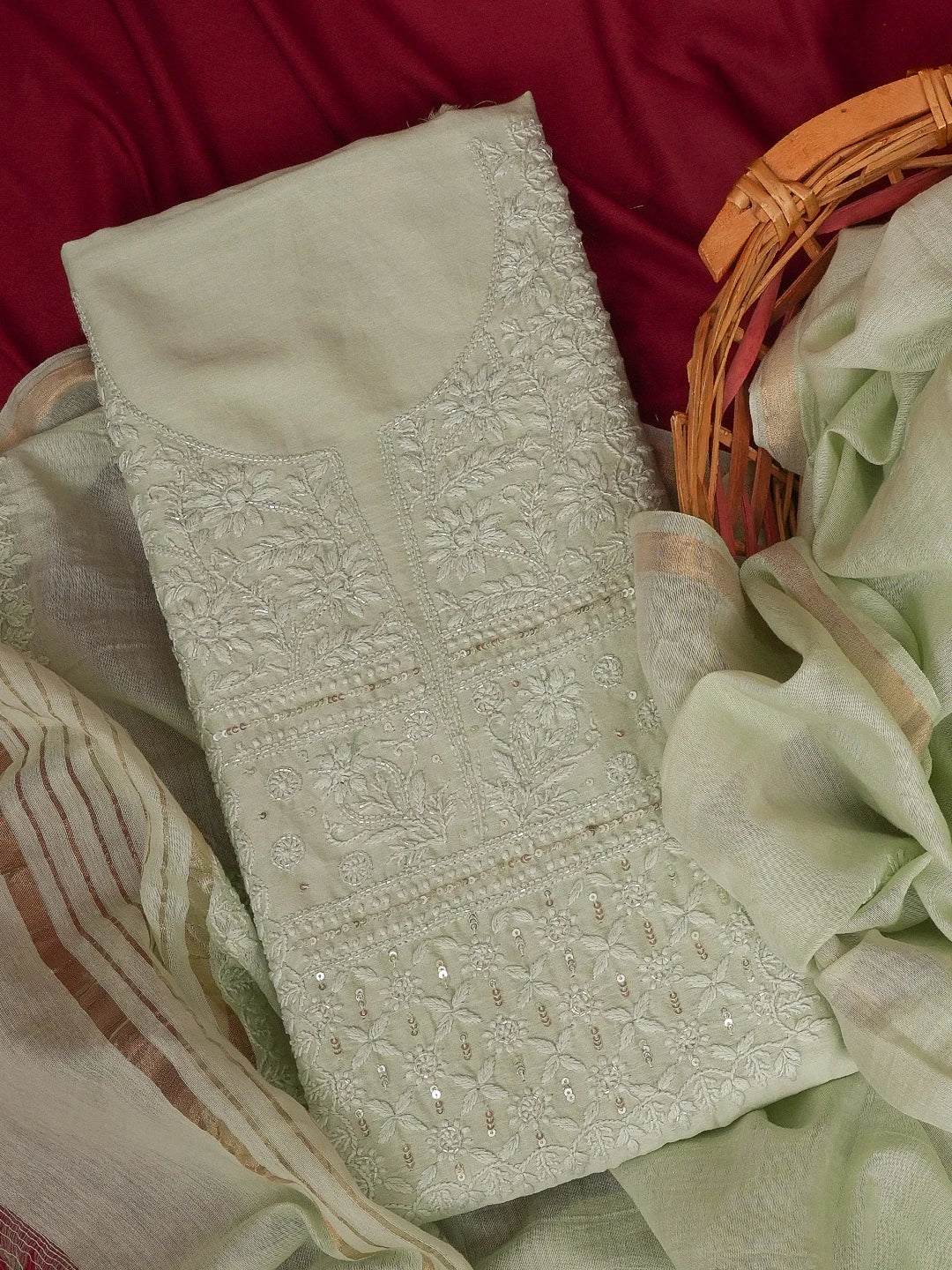 Ada Hand Embroidered Pista Green Chanderi Lucknowi Chikankari Unstitched Kurta Dupatta Set With Sequinned and Cutdana Work 01A598604