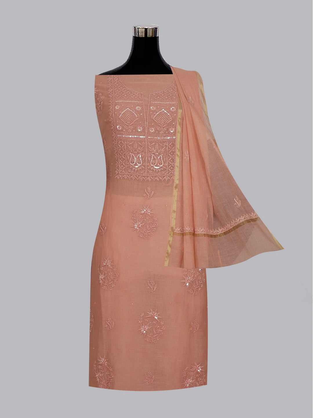 Ada Hand Embroidered Dusty Peach Chanderi Lucknowi Chikankari Unstitched Kurta Dupatta Set With Sequinned and Cutdana Work 01A598602